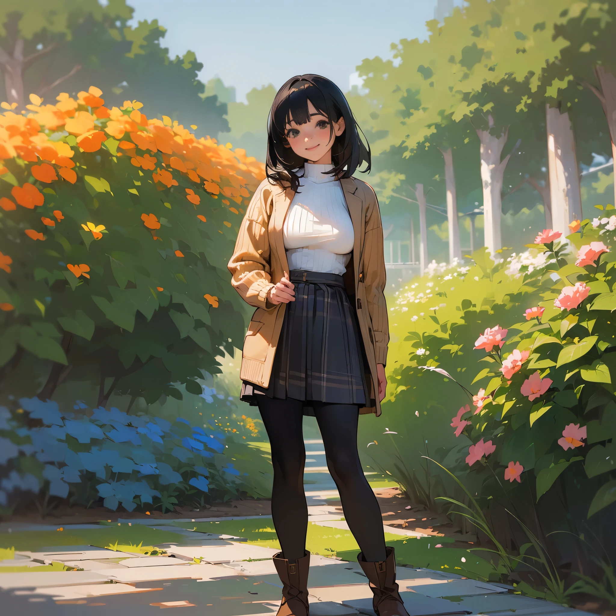 (High quality, High resolution, Ultra-detailed, Realistic:1.37), peaceful ambiance, (plein air, garden), Teenage girl standing alone, (My breasts are big.), Beautiful detailed features, Cute smile, (Black bob hair), Ribbed sweater, Orange Plaid Skirt, Black tights, Brown boots.