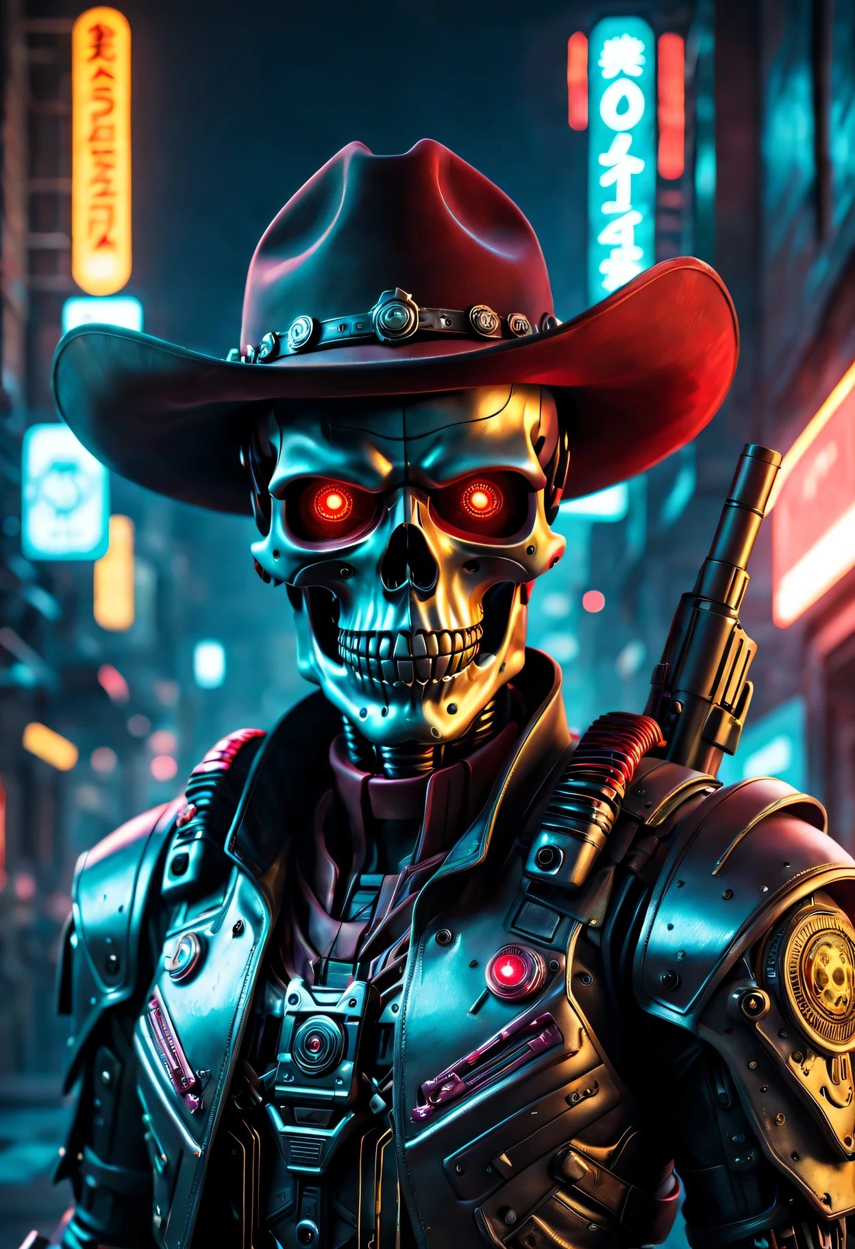 (Best quality at best,4K,8K,A high resolution,tmasterpiece:1.2),ultra - detailed,(actual,photoactual,photo-actual:1.37),cyber punk perssonage,Skeleton Robot Cowboy Sheriff,Mysterious dark background,neonlight,cybernetically enhanced,Weapons of the future,wearing a cowboy hat+neonlight边缘,Bionic arm,metal chin,red luminous eyes,dystopian city,Focus sharp,Steely texture,vivd colour,concept art style.