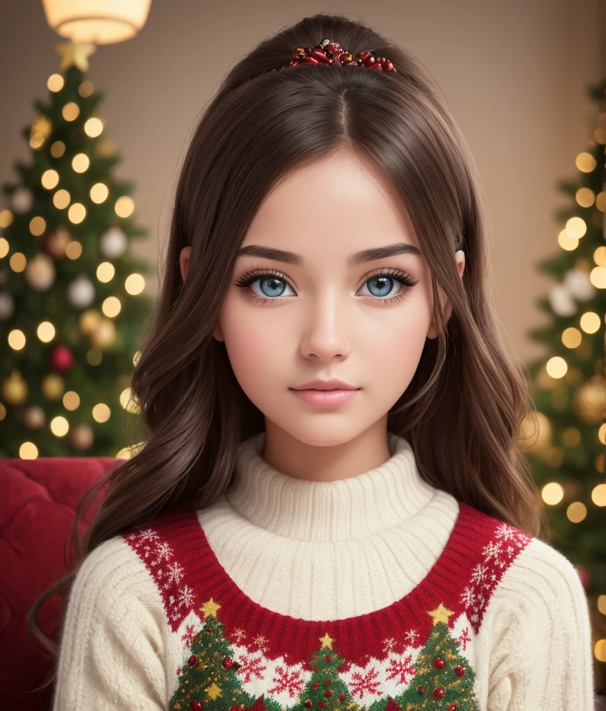 A girl wearing an extremely detailed Christmas present themed ugly sweater, with beautiful detailed eyes and lips, surrounded by vivid colors and sharp focus. The medium should be a photo-realistic painting. The scene should be in a cozy living room with a fireplace, decorated with festive ornaments and a Christmas tree in the background. The lighting should create a warm and cozy atmosphere, with soft and balanced tones. The image quality should be the best, with ultra-fine painting details and high resolution (4k or 8k).
