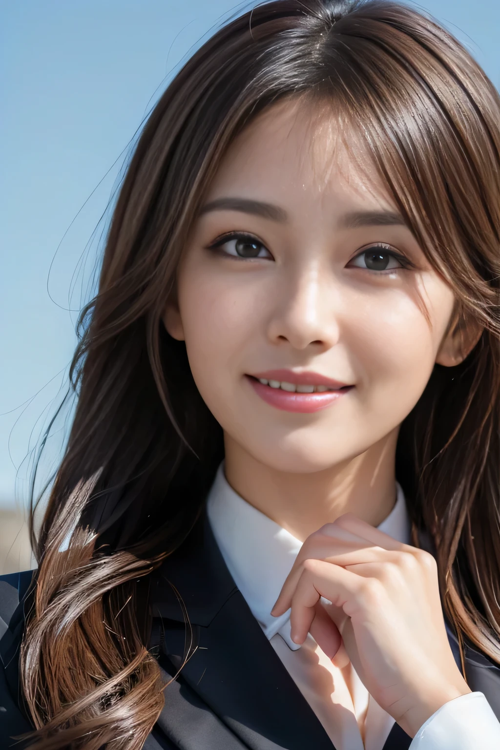 masutepiece, Best Quality, Photorealistic, Ultra-detailed, finely detail, High resolution, 8K Wallpaper, 1 beautiful woman,, light brown messy hair, in a business suit, foco nítido, Perfect dynamic composition, Beautiful detailed eyes, detailed hairs, Detailed realistic skin texture, Smiling, Close-up portrait, Model body type