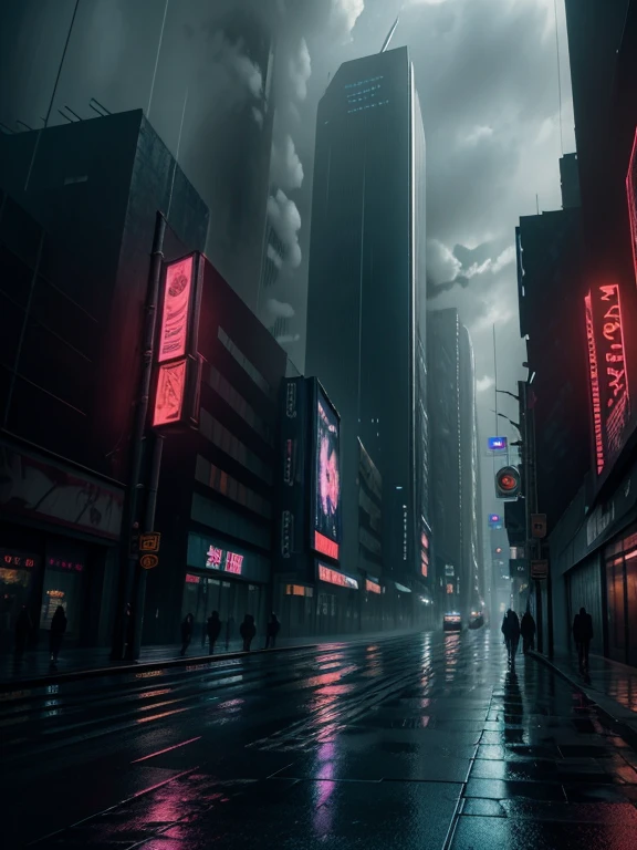 (best quality,4k,8k,highres,masterpiece:1.2),ultra-detailed,(realistic,photorealistic,photo-realistic:1.37),medium:oil painting,(background:gray concrete),(dark,moody lighting),(cyberpunk style),(blue color tone),(urban environment),(rainy weather),(reflection on wet ground),(cityscape),(detailed skyscrapers),vibrant neon lights,glowing holographic advertisements,misty atmosphere,people wearing futuristic clothing,man-made water channels flowing through the streets,steam rising from the ground,giant LED screens displaying digital art,minimalist geometric architecture,hovering drones capturing the city,monorail tracks cutting through the sky,tall glass towers casting dramatic shadows,streets adorned with glowing signs and symbols,magnificent reflections on the rain-soaked pavement,an eerie sense of mystery and suspense,figures disappearing into the dense fog,endless rows of buildings stretching into the distance,an abundance of metallic surfaces and sharp edges,a bustling metropolis shrouded in darkness and rain.