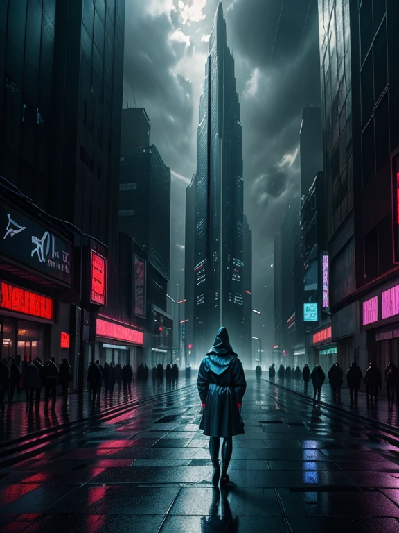 (best quality,4k,8k,highres,masterpiece:1.2),ultra-detailed,(realistic,photorealistic,photo-realistic:1.37),medium:oil painting,(background:gray concrete),(dark,moody lighting),(cyberpunk style),(blue color tone),(urban environment),(rainy weather),(reflection on wet ground),(cityscape),(detailed skyscrapers),vibrant neon lights,glowing holographic advertisements,misty atmosphere,people wearing futuristic clothing,man-made water channels flowing through the streets,steam rising from the ground,giant LED screens displaying digital art,minimalist geometric architecture,hovering drones capturing the city,monorail tracks cutting through the sky,tall glass towers casting dramatic shadows,streets adorned with glowing signs and symbols,magnificent reflections on the rain-soaked pavement,an eerie sense of mystery and suspense,figures disappearing into the dense fog,endless rows of buildings stretching into the distance,an abundance of metallic surfaces and sharp edges,a bustling metropolis shrouded in darkness and rain.