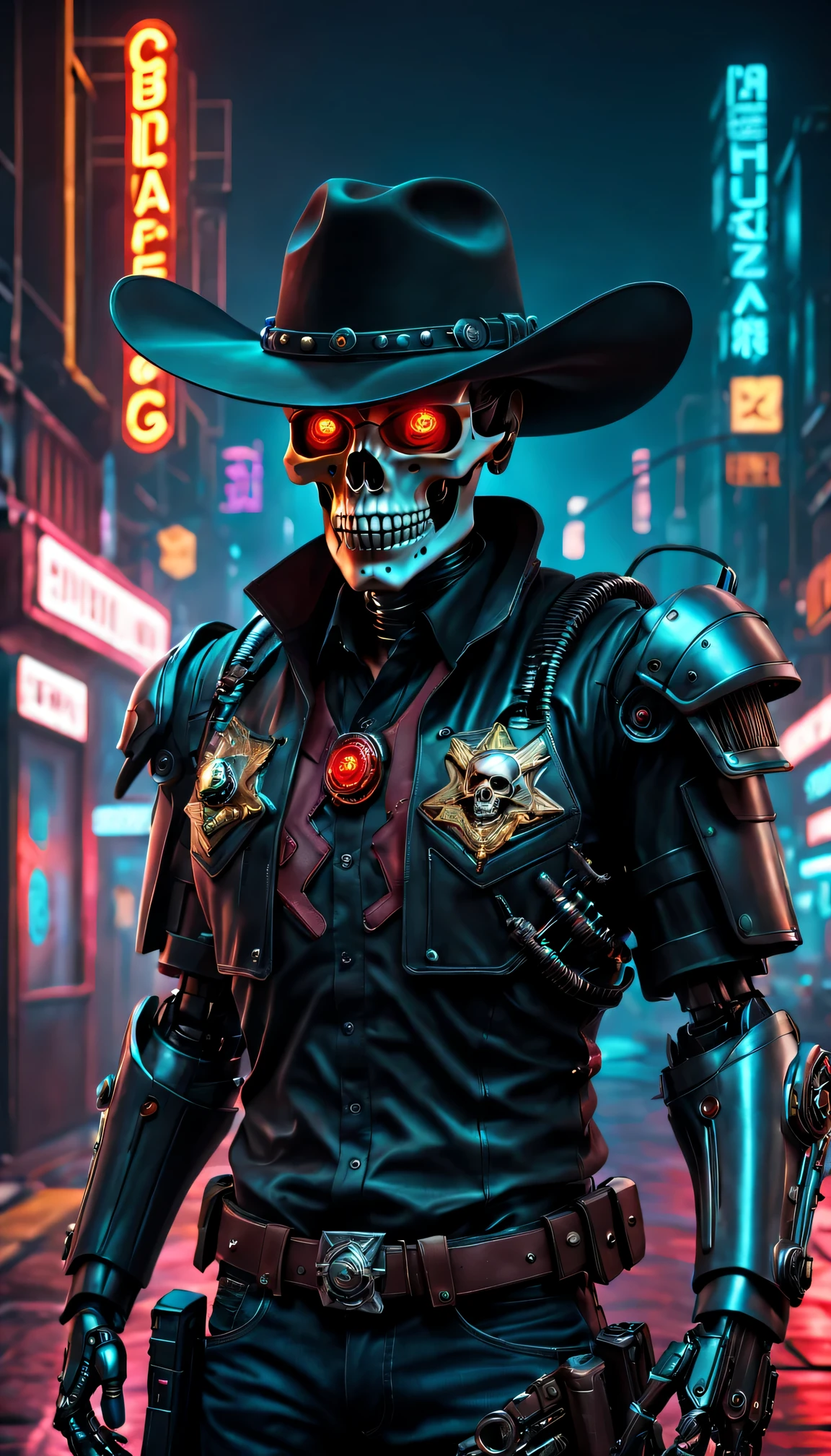 (Best quality at best,4K,8K,A high resolution,tmasterpiece:1.2),ultra - detailed,(actual,photoactual,photo-actual:1.37),cyber punk perssonage,Skeleton Robot Cowboy Sheriff,Mysterious dark background,neonlight,cybernetically enhanced,Weapons of the future,wearing a cowboy hat+neonlight边缘,Bionic arm,metal chin,red luminous eyes,dystopian city,Focus sharp,Steely texture,vivd colour,concept art style.
