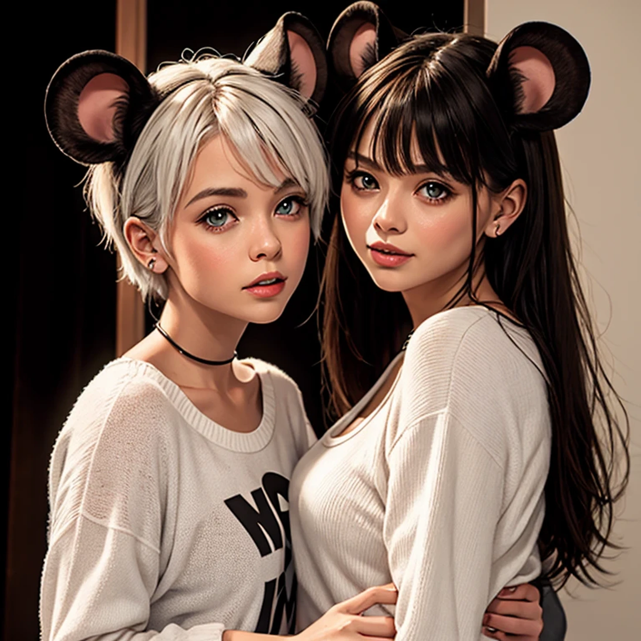 Twins, mouse girls, short fluffy white hair, big round mouse ears, white sweaters, holding hands, ((dark brown eyes)), couple, beautiful, glossy lips, detailed eyes