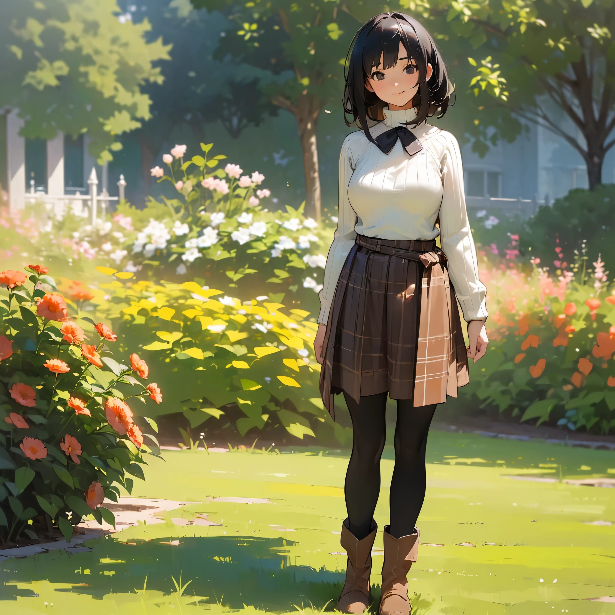 (High quality, High resolution, Ultra-detailed, Realistic:1.37), peaceful ambiance, (plein air, garden), Teenage girl standing alone, (My breasts are big.), Beautiful detailed features, Cute smile, (Black bob hair), Ribbed sweater, Orange Plaid Skirt, Black tights, Brown boots.