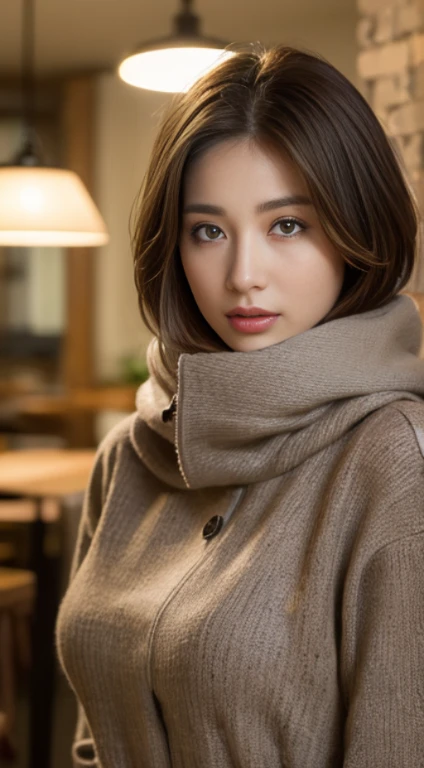 ((Realistic lighting, Best quality, 8K, Masterpiece: 1.3)), Clear focus: 1.2, 1girl, Perfect beauty: 1.4, Big breasts: 1.2, Slim abs: 1.1, ((dark brown hair)), (winter clothes), (indoor), night: 1.1), Seoul cafe, Super fine face, fine eyes, Double eyelids,