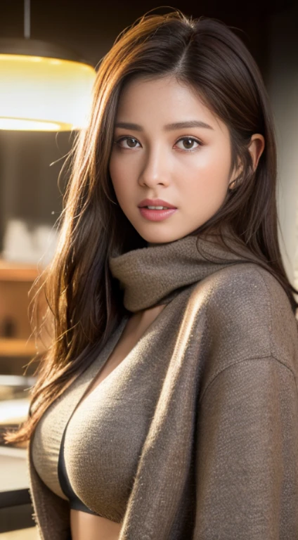 ((Realistic lighting, Best quality, 8K, Masterpiece: 1.3)), Clear focus: 1.2, 1girl, Perfect beauty: 1.4, Big breasts: 1.2, Slim abs: 1.1, ((dark brown hair)), (winter clothes), (indoor), night: 1.1), Seoul cafe, Super fine face, fine eyes, Double eyelids,