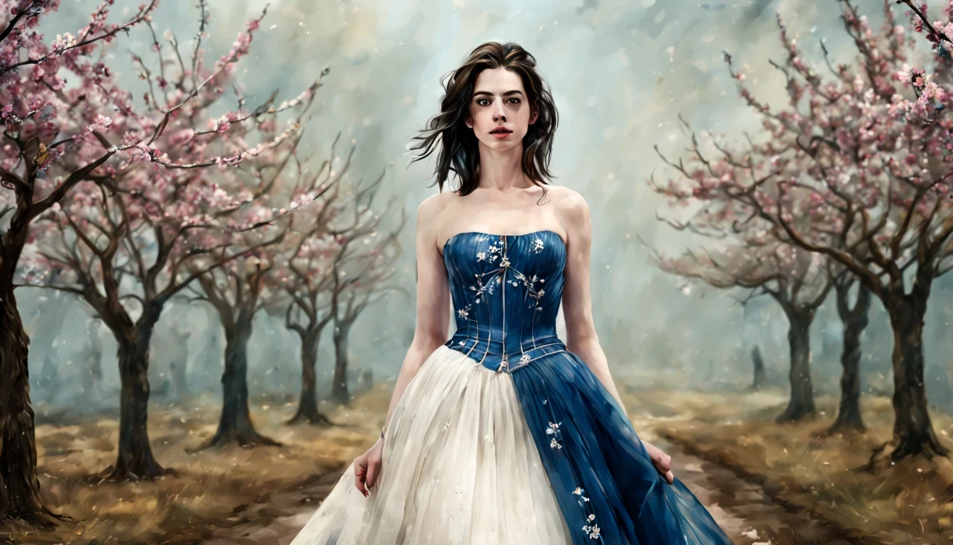 1 girl "Anne Hathaway com vestido branco e azul escuro longo", （Jogo King Card:1.5, simetria rotacional),Stephen Gammell,(cowboy shot), Minimalist compositions, requintada armadura de cristal，Fio Eletroluminescente, magic sparks, enchanted magical fantasy. Peach Blossom Land, heaven, Jogo CG, Hand Painted Style, 8k, Ultra HD |, arte digital conceitual, Azure azul e cinza,(Very detailed, Reasonable design, linhas claras, Alta nitidez, melhor qualidade, master part, 4k ).