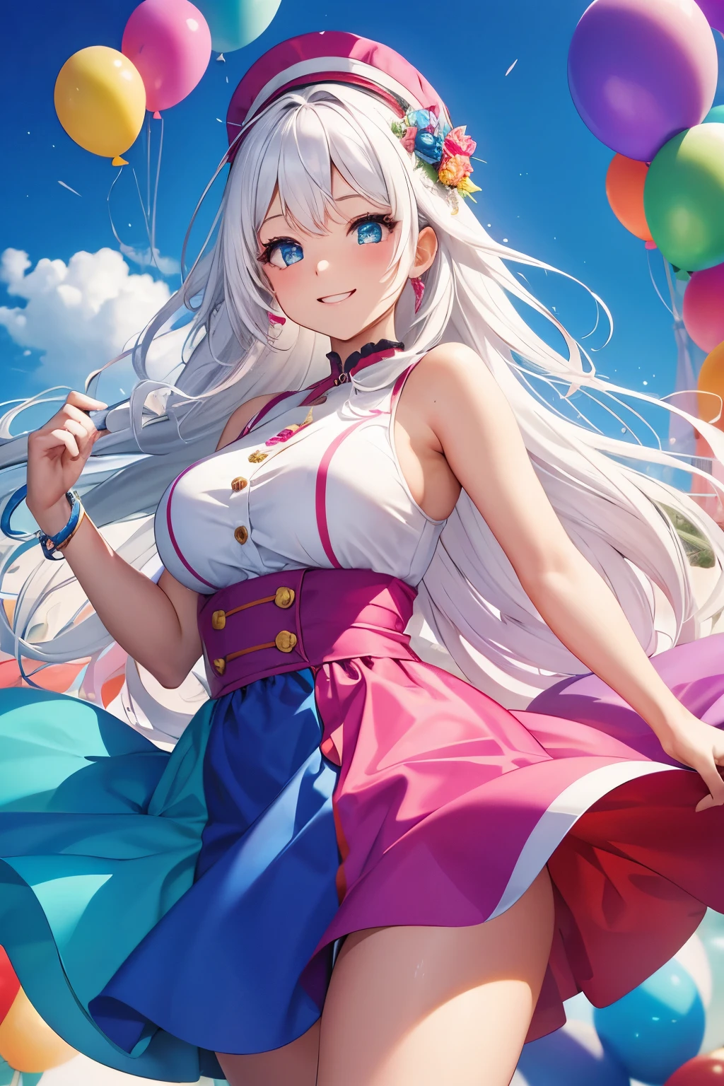 (High quality, High resolution, Fine details), multicolored balloons, brightly colored balloons, dancing in the air, colorful dress, solo, curvy women, White hair, flowing hair, sparkling eyes, (Detailed eyes:1.2), (smile), blush, Sweat, Oily skin, shallow depth of field, ethereal, dreamy