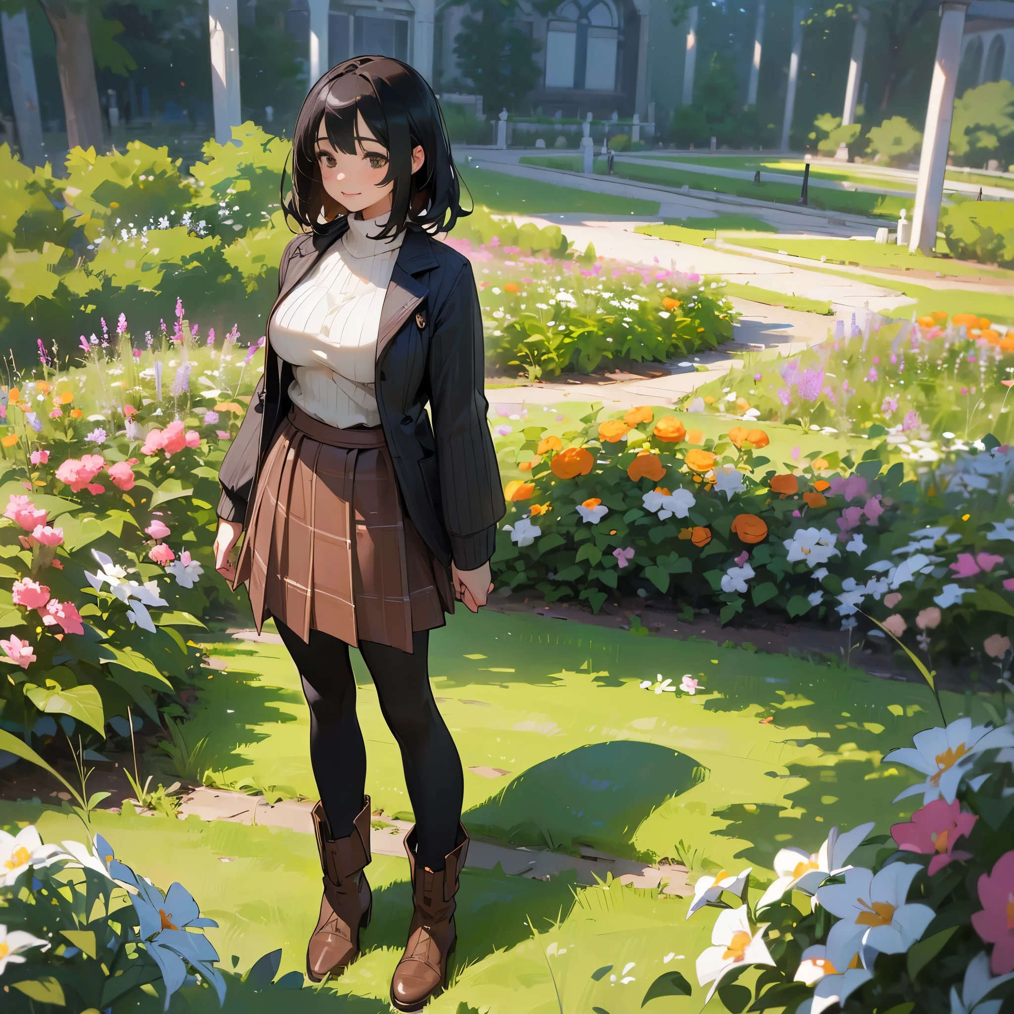 (High quality, High resolution, Ultra-detailed, Realistic:1.37), peaceful ambiance, (plein air, garden), girl standing alone, (My breasts are big.), Beautiful detailed features, Cute smile, (Black bob hair), Ribbed sweater, Orange Plaid Skirt, Black tights, Brown boots.