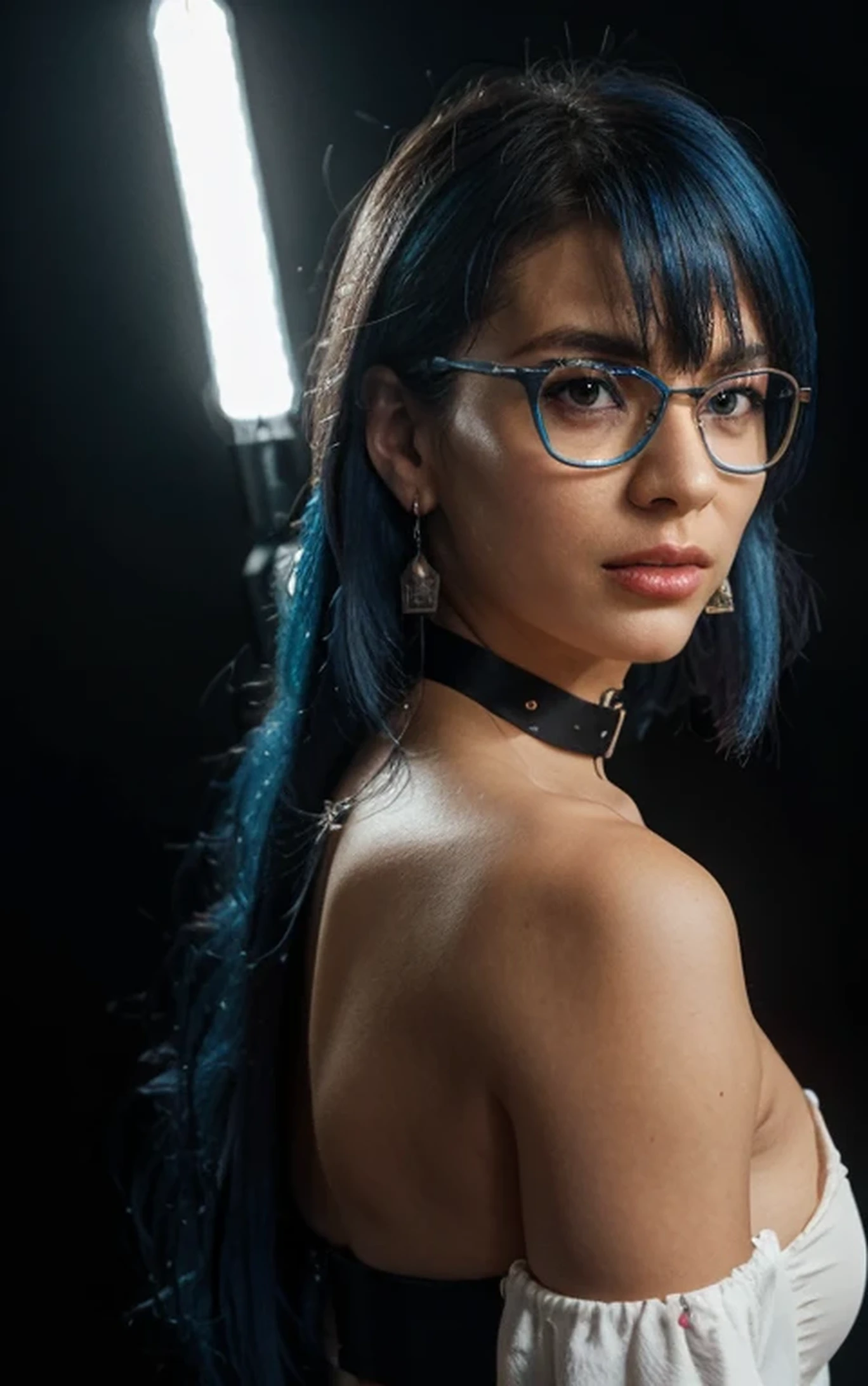 8k wallpaper, masterpiece, movie lighting, best quality, illustration, dramatic angle, ((color: 1.1)), ((color inner hair: 1.4)), 1girl, solo, long hair, water, blue eyes, black glasses, choker, parted lips, white choker, liquid hair, black hair, bangs, from side, side, upper body, simple background, gray background, bare shoulders, portrait, looking at the audience, white dress, hair between eyes, white background, earrings,