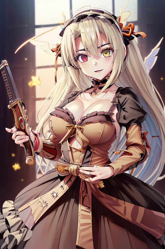 gran calidad ++ Extremely detailed high resolution, very aesthetic, ojos expresivos, (((Cara perfecta))), (((face symmetrical))), ((good anatomy)), (((manos perfectas))), (((8k))), UHD, Fondo de pantalla HD, (((alta calidra detallada, (((1girl))), (((Date A Live))), (((Kurumi))), (((Illyasviel von Einzbern))), (((mature female))), ((((cuerpo completo)))), (((heterochromia))), (((cabello negro))), (((Milficación))), (((hembra madura))), (((hombros estrechos))), (((pechos grandes))), (((cintura estrecha))), (((ta goth dress))), (((dress))), (((ribbon))), (((gothic fashion))), (((gothic))), ((((hands occupied)))), ((((holding arms)))), (((Flintlock Pistol))), (((Musket))), (((18 year old beautiful girl))), Dedos detallados, Dedos precisos, Manos no antinaturales, strange eye, ojos rojos, escote, colas gemelas de pelo negro,