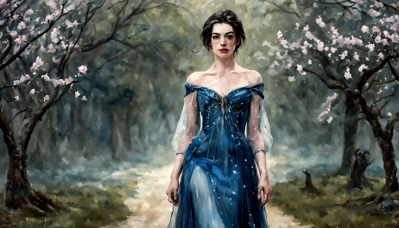 1 girl "Anne Hathaway com vestido branco e azul escuro longo", （Jogo King Card:1.5, simetria rotacional),Stephen Gammell,(cowboy shot), Minimalist compositions, requintada armadura de cristal，Fio Eletroluminescente, magic sparks, enchanted magical fantasy. Peach Blossom Land, heaven, Jogo CG, Hand Painted Style, 8k, Ultra HD |, arte digital conceitual, Azure azul e cinza,(Very detailed, Reasonable design, linhas claras, Alta nitidez, melhor qualidade, master part, 4k ).