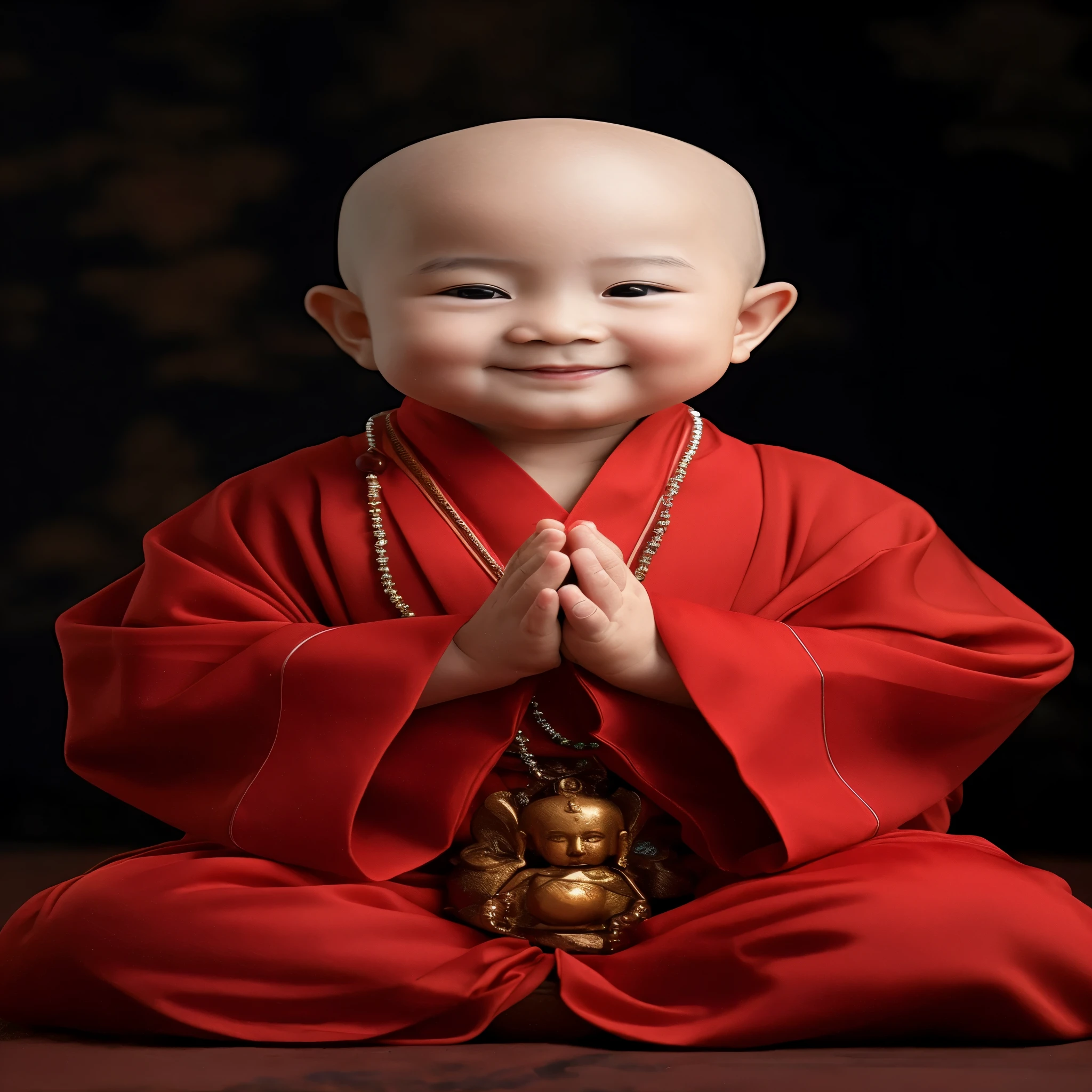 arafed baby in Red robe sitting on a table with a buddha statue, wearing Red robes, Portrait shooting, buddhist monk clothes, buddhist monk, portrait of buddhist monk, , wearing nun costume, fully clothed in Red robes, closeup Portrait shooting, blessing hand, lovely digital painting, yanjun chengt, Red robe, buddhist monk, wears a long robe