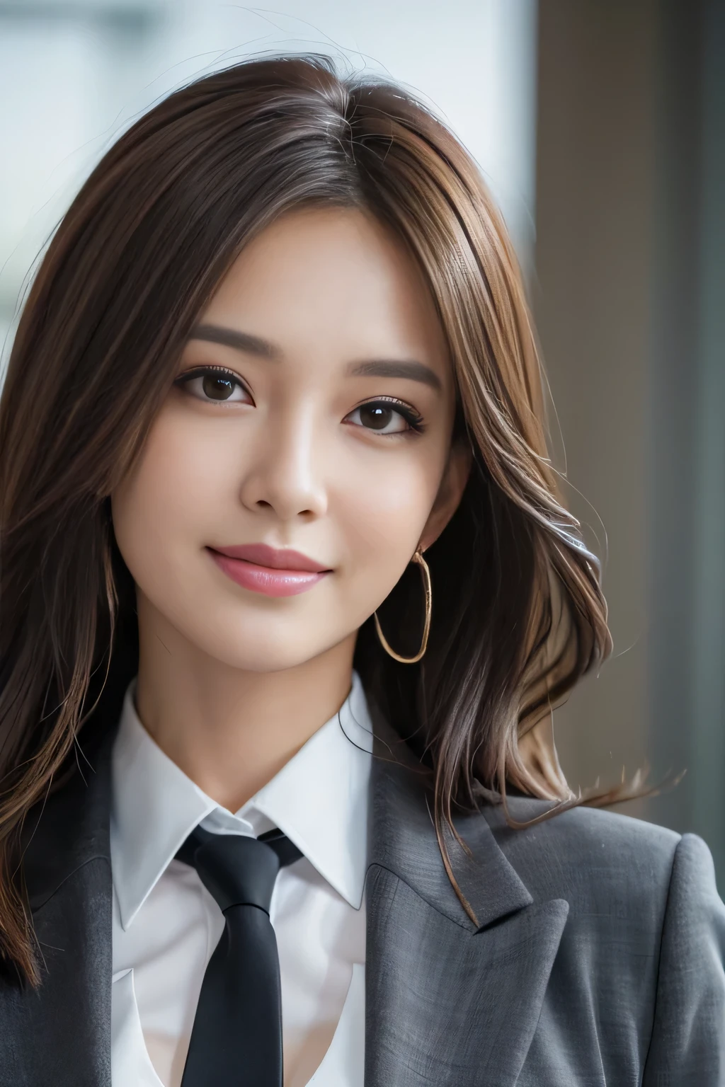 masutepiece, Best Quality, Photorealistic, Ultra-detailed, finely detail, High resolution, 8K Wallpaper, 1 beautiful woman,, light brown messy hair, in a business suit, foco nítido, Perfect dynamic composition, Beautiful detailed eyes, detailed hairs, Detailed realistic skin texture, Smiling, Close-up portrait, Model body type