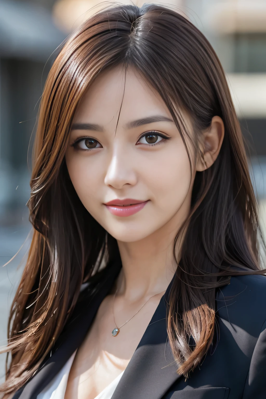 masutepiece, Best Quality, Photorealistic, Ultra-detailed, finely detail, High resolution, 8K Wallpaper, 1 beautiful woman,, light brown messy hair, in a business suit, foco nítido, Perfect dynamic composition, Beautiful detailed eyes, detailed hairs, Detailed realistic skin texture, Smiling, Close-up portrait, Model body type