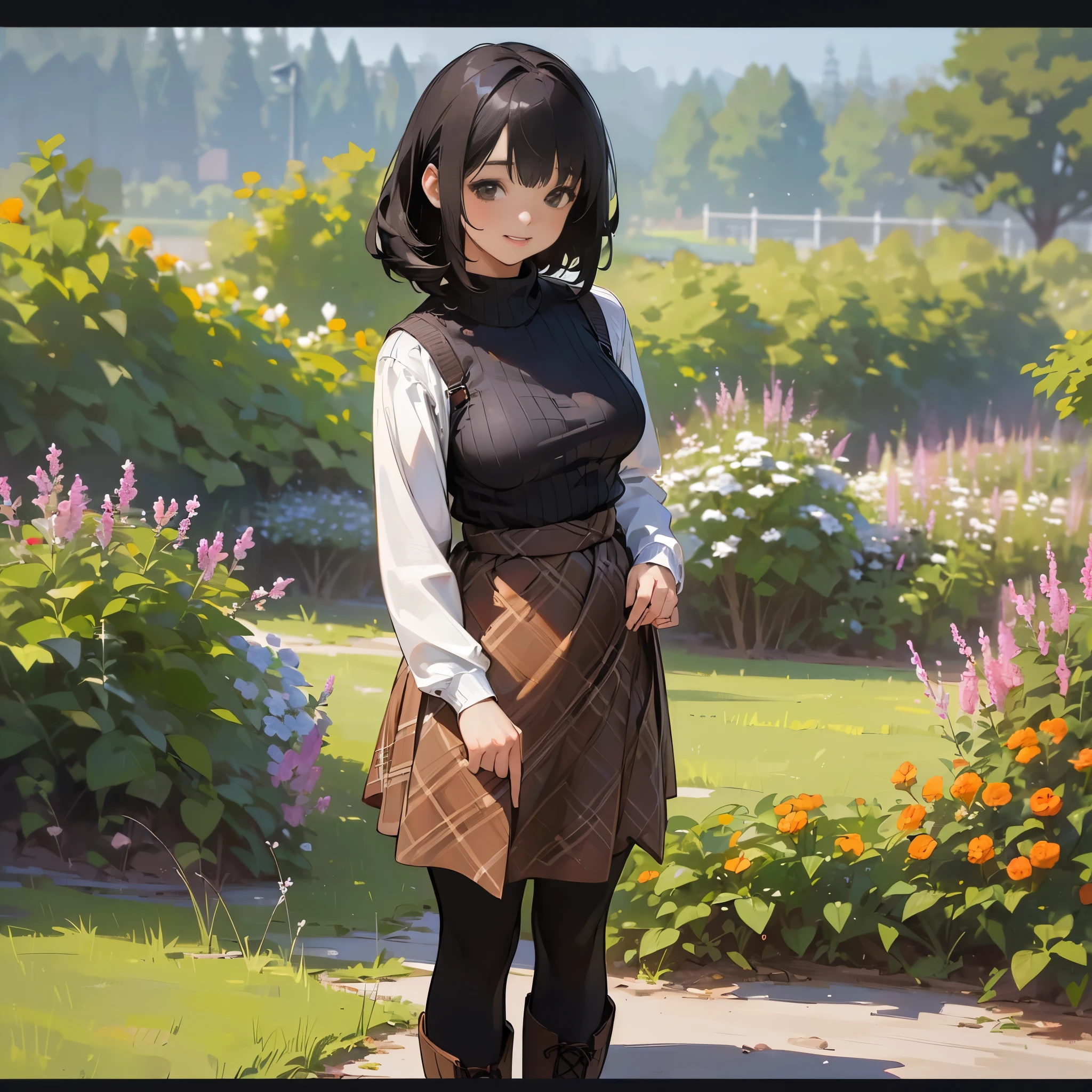 (High quality, High resolution, Ultra-detailed, Realistic:1.37), peaceful ambiance, (plein air, garden), Teenage girl standing alone, (My breasts are big.), Beautiful detailed features, Cute smile, (Black bob hair), Ribbed sweater, Orange Plaid Skirt, Black tights, Brown boots.