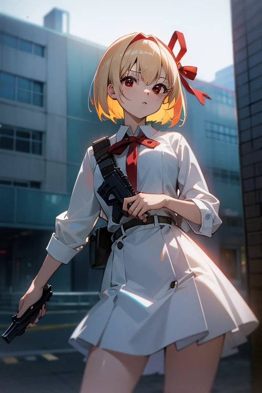 Chisatoniki, Senri, Short hair, Bangs, Blonde hair, (Red Eyes:1.5), hair ribbon, One side up, bob cuts,black mini dress，heel gun,Black pistol holster，hold a gun，口を閉じる
BREAK outdoors, city,
BREAK looking at viewer, (Cowboy Shot:1.5),
BREAK (masutepiece:1.2), Best Quality, High resolution, Unity 8k壁纸, (Illustration:0.8), (Beautiful detailed eyes:1.6), extra detailed face, Perfect Lighting, extremely details CG, (Perfect hands, Perfect Anatomy),