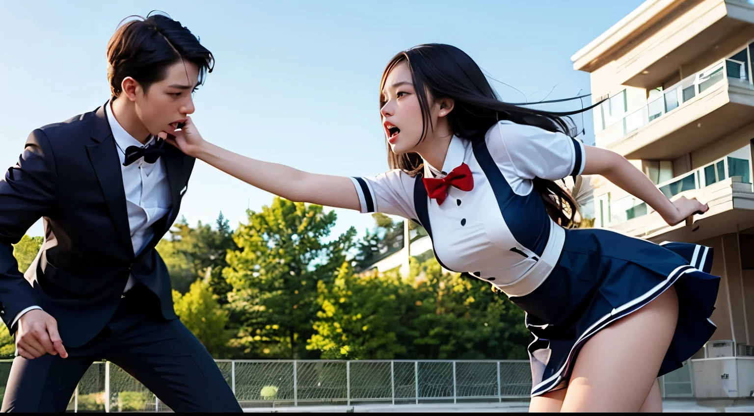 A total of three people are fighting、Two beautiful girls team up to assault a man、Two beautiful and adorable Japanese supermodel girls fight with a young man in a suit in an abandoned building, and the two girls unilaterally run over the man and brutally lynch and abuse him.。、 A maid girl and a cheerleader girl attack a man in a suit, the maid girl kicks the man in the groin, and at the same time the cheerleader girl high kicks a young man and lynches and bullies him.、The man is coughing up blood and is in agony.、