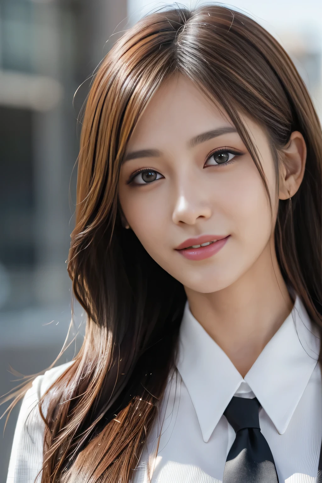 masutepiece, Best Quality, Photorealistic, Ultra-detailed, finely detail, High resolution, 8K Wallpaper, 1 beautiful woman,, light brown messy hair, in a business suit, foco nítido, Perfect dynamic composition, Beautiful detailed eyes, detailed hairs, Detailed realistic skin texture, Smiling, Close-up portrait, Model body type