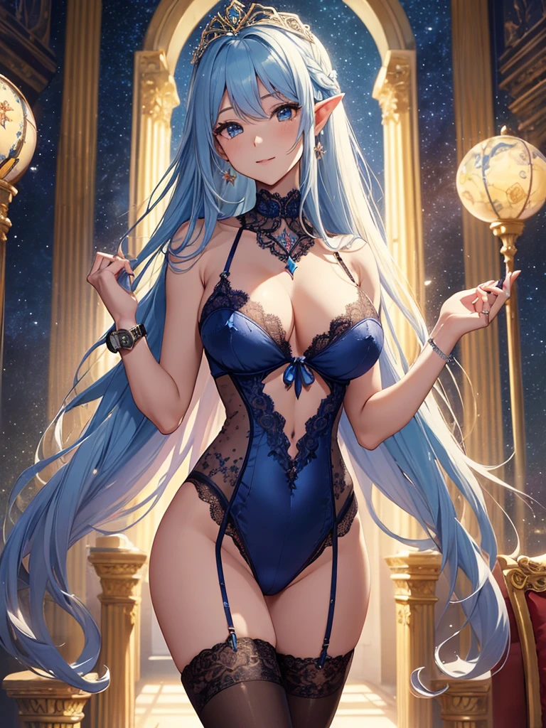 top-quality、Top image quality、Butターピース、Super beautiful elf beauty((24 year old、Best Bust、big bast、Bust 90,beautiful blue long ironed hair、a blond、globe、Sexy means、、A slender、a closeup、Esbian、beautiful tiara、hiquality、Beautiful Art、Background with((starrysky)))But、Superb Piece、visualart、depth of fields、low anglesの夜空、、Elven ears、、light magic、Space Knight、harp melody🎵、Happy smile、Gentle light、、Beautiful legs that are gentle on the skin、、、Number of fingers to achieve precise finger movements、ticker beautiful decoration、elegent、Mystical field under the flower garden、Marble pillars, beautiful dressy、byzantine art、marble dome、art noveau、Temple of Time、Great watch、hour glass、sundial、NSFW.A Sexy1.3,巨大なglobe、Renaissance painting、Raphael's paintings、the golden ratio、Renaissance architecture、Inside the palace、 Sexy,NSFW, low angles、a closeup、beautiful colorful dress
(gorgeous body stockings:1.3), (intricate lace:1.4), (Watch thoroughly:1.5),
