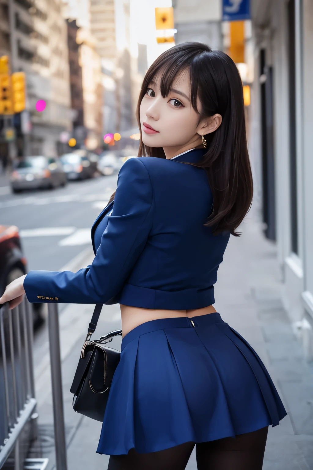Best Quality、Top image quality、Ultra HD Images、((1人の女性、View photographer))、((Well-formed face、Actress face、Model face))、 Back Pose、 back-view, Waist - Waist up shot、Portrait from below and from behind、((Blue suit、Blue tight skirt、Black pantyhose))、((Perfect limbs))