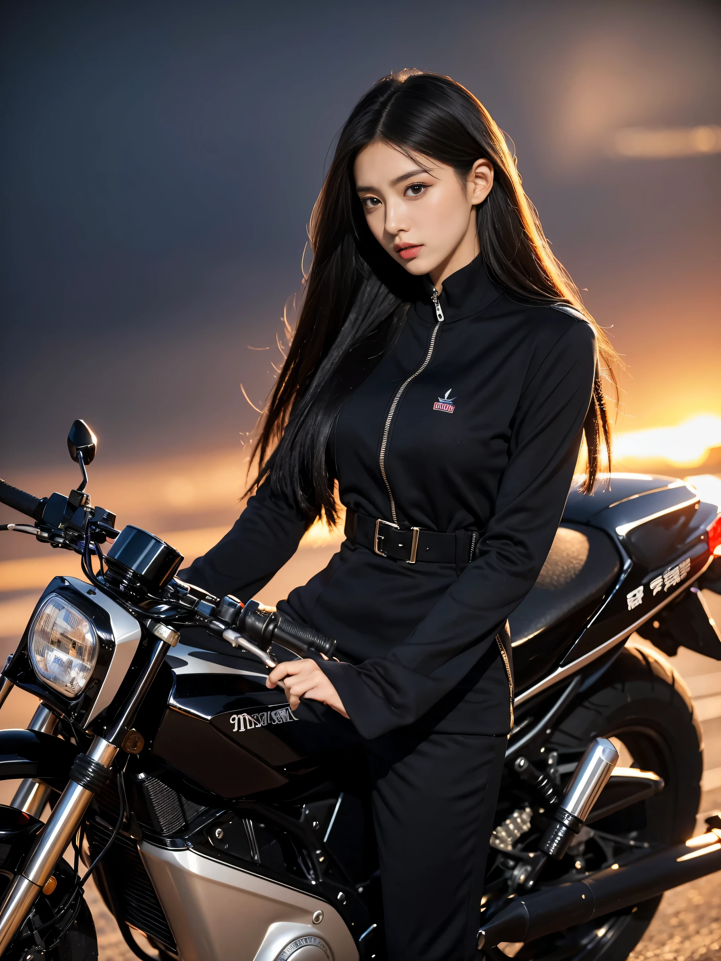 Best quality,tmasterpiece,超高分辨率,(actual:1.4),RAW photos,hyper HD,8K,There is one girl,Stylish clothes,Motorcycle set,locomotive,Long black over-the-shoulder hair,hair straight,Stylish skinny suit, high-class fashion