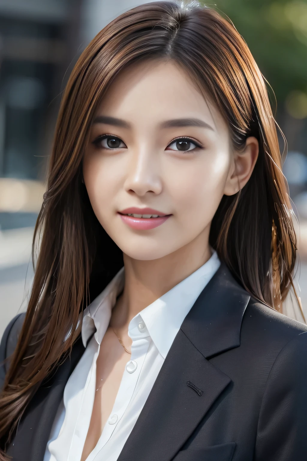 masutepiece, Best Quality, Photorealistic, Ultra-detailed, finely detail, High resolution, 8K Wallpaper, 1 beautiful woman,, light brown messy hair, in a business suit, foco nítido, Perfect dynamic composition, Beautiful detailed eyes, detailed hairs, Detailed realistic skin texture, Smiling, Close-up portrait, Model body type