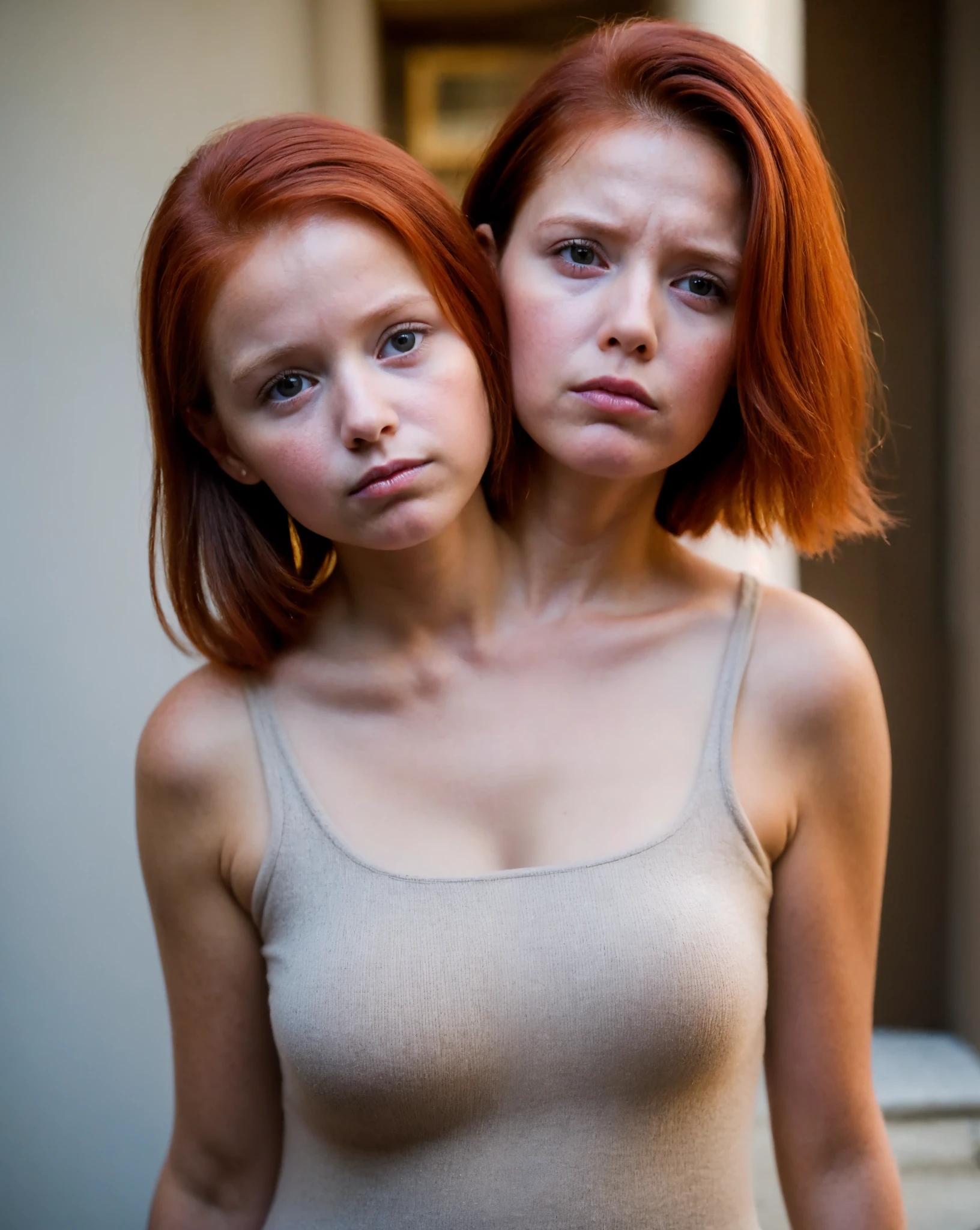 Two headed girl, (a toddler child and her 27 year old mom:1.5), (a redhead and a brunette:1.3), (uncomfortable and annoyed:1.3)
