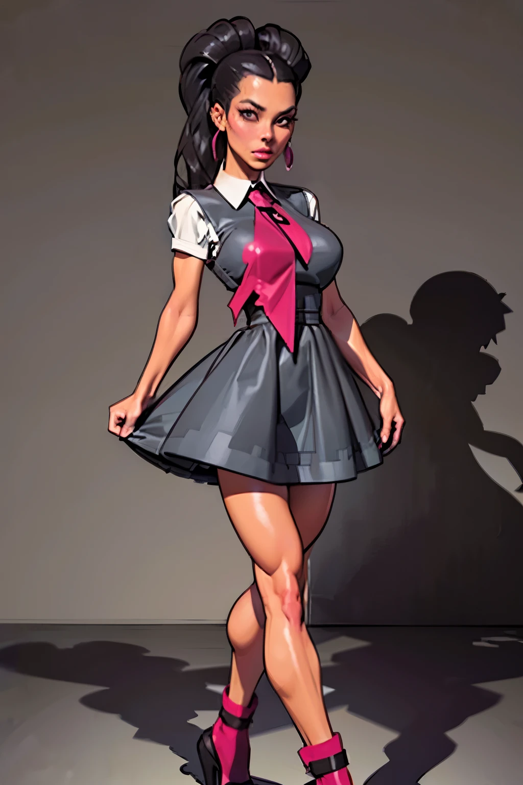 Masterpiece, portrait, Generate an illustration of a mature Roxanne, gym leader of pokemon , (lightgray dress), hd, holding a pokeball  all,  de terno preto, pink ascot,(( long black hair)), twin ponytail, ((detailed face)),shiny hair, (perky breasts:1.2), collared shirt under dress, outfit in anime format with a serious style, boots, make up, masterpiece, dark lighting, black background, ((puffy lips)),(slendered abs), beautiful face,