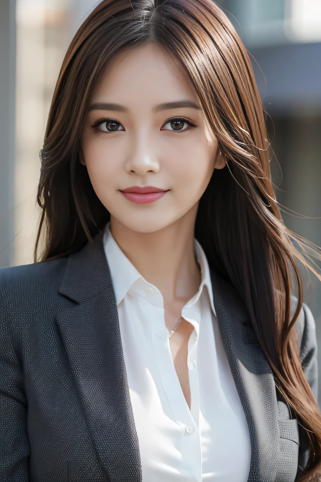 masutepiece, Best Quality, Photorealistic, Ultra-detailed, finely detail, High resolution, 8K Wallpaper, 1 beautiful woman,, light brown messy hair, in a business suit, foco nítido, Perfect dynamic composition, Beautiful detailed eyes, detailed hairs, Detailed realistic skin texture, Smiling, Close-up portrait, Model body type