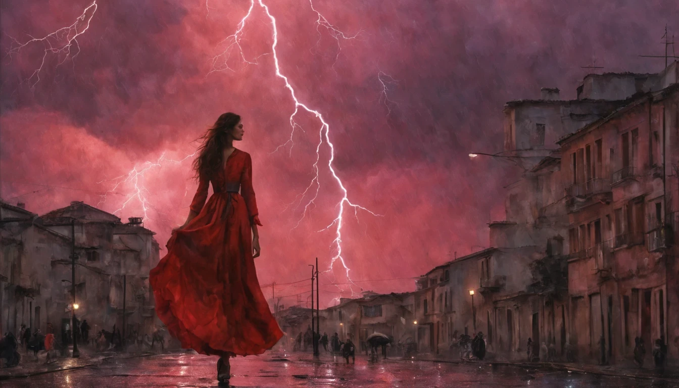 1 girl "Michelle Pfeiffer com vestido vermelho longo", flutuando na cidade with lightning bolts, Mulher no vestido vermelho longo com cabelo vermelho e preto, gothic maiden, Art not Guweiz style, No estilo de arte Bowater, 8k arte detalhada de alta qualidade, gothic art style, wearing a gothic dress, fechamento, Olhos vermelhos, olhando para baixo, cabelos brancos, vento, head tilt, cabelos brancos, Cabelos Longos, Tira vigorosa, cabelos lisos, cabelo grande, cabelos expressivos, (Olhos vermelhos que brilham intensamente:1.8), olhos para baixo, (Olhos vermelhos:1.5), Pessoas fugindo das ruas movimentadas da cidade repleta de lojas々, rua movimentada, A huge amount of purple lightning shot out from the girl'the hand and hit the city, lightning clouds, Atmospheric lightning, Pink Lightning, with thunderstorms, Tempestade escura with lightning bolts, Dramatic purple lightning, Lightning in the sky, contrast lightning, thunderstorm in the sky, lightning in the background, with lightning bolts, clima tempestuoso with lightning bolts, Top volumetric lighting,Efeito de usar aura roxa,(Control a large number of beams with open arms:1.4), Lightning effect on both hands, Countless balls glowing purple around the girl,goddess of lightning, tempestade, storm outside, Ela atrai muitos raios roxos,