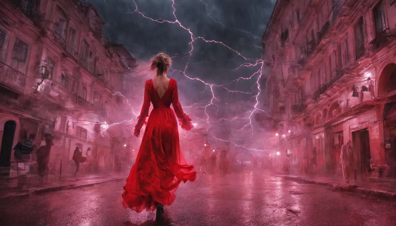 1 girl "Michelle Pfeiffer com vestido vermelho longo", flutuando na cidade with lightning bolts, Mulher no vestido vermelho longo com cabelo vermelho e preto, gothic maiden, Art not Guweiz style, No estilo de arte Bowater, 8k arte detalhada de alta qualidade, gothic art style, wearing a gothic dress, fechamento, Olhos vermelhos, olhando para baixo, cabelos brancos, vento, head tilt, cabelos brancos, Cabelos Longos, Tira vigorosa, cabelos lisos, cabelo grande, cabelos expressivos, (Olhos vermelhos que brilham intensamente:1.8), olhos para baixo, (Olhos vermelhos:1.5), Pessoas fugindo das ruas movimentadas da cidade repleta de lojas々, rua movimentada, A huge amount of purple lightning shot out from the girl'the hand and hit the city, lightning clouds, Atmospheric lightning, Pink Lightning, with thunderstorms, Tempestade escura with lightning bolts, Dramatic purple lightning, Lightning in the sky, contrast lightning, thunderstorm in the sky, lightning in the background, with lightning bolts, clima tempestuoso with lightning bolts, Top volumetric lighting,Efeito de usar aura roxa,(Control a large number of beams with open arms:1.4), Lightning effect on both hands, Countless balls glowing purple around the girl,goddess of lightning, tempestade, storm outside, Ela atrai muitos raios roxos,