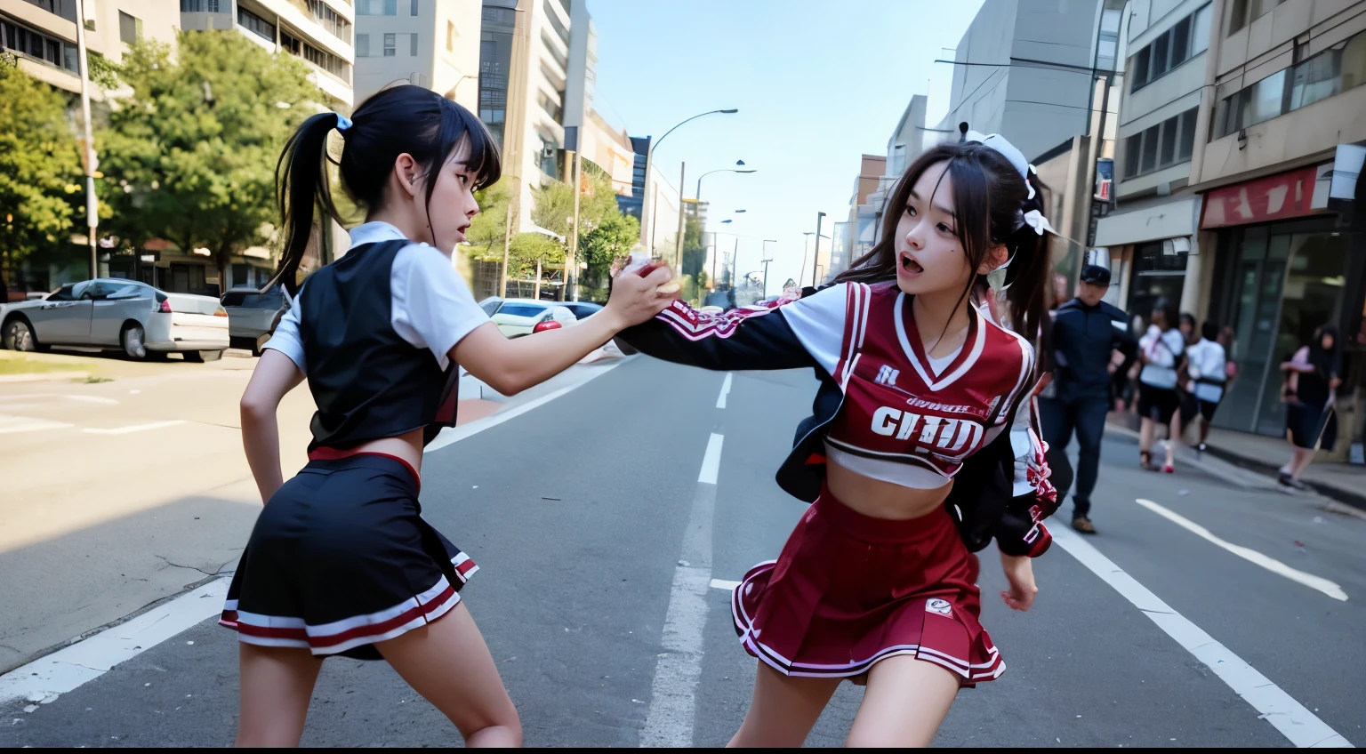Kanao from demon slayer anime, 1girl, as a cheerleader, wearing cheerleader outfit, at a playground , black colour kanao's hair, 8k, high detailed, high quality