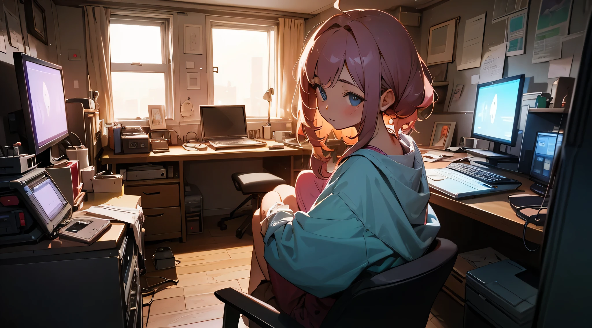 Cute lofi girl in front of her computer in her cozy messy room , unrealistic rendering of Engine 5 , gorgeous lighting , Tons de rosa pastel , 8K rendering , Arte premiada