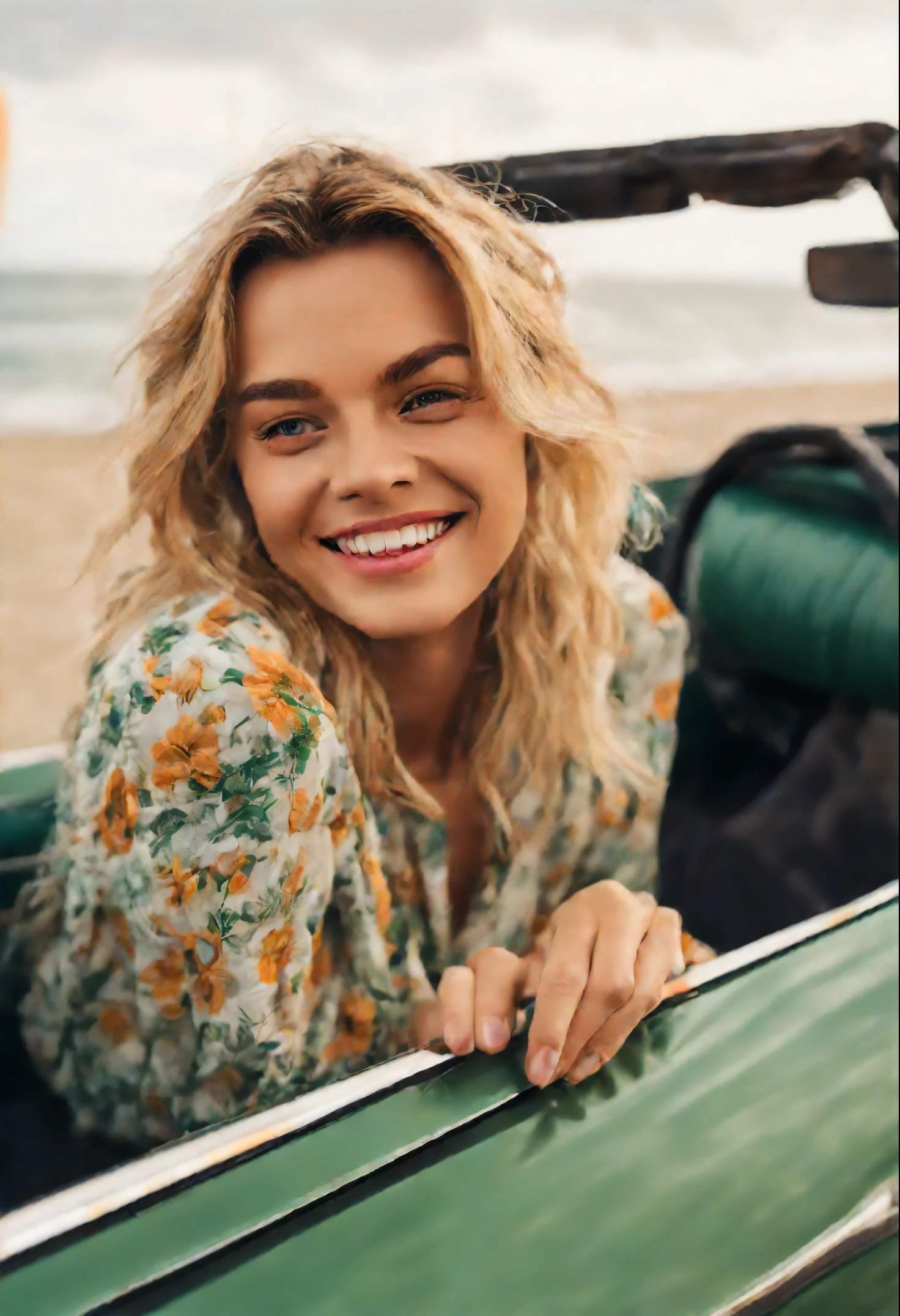 A medium-sized blonde girl with medium-length hair, green eyes, dimples on her cheeks, a beautiful smile, symmetrical eyebrows, and a thin build with a Harry Styles in a convertible on the seashore
