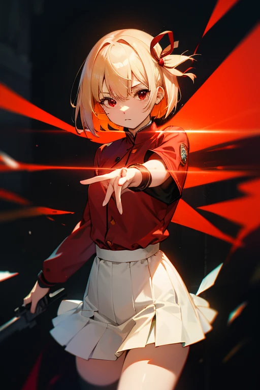 Chisatoniki, Senri, Short hair, Bangs, Blonde hair, (Red Eyes:1.5), hair ribbon, One side up, bob cuts,Red army suit white miniskirt，boots，guns,黒い拳gunsホルスター，gunsを構える，口を閉じる
BREAK outdoors, city,
BREAK looking at viewer, (Cowboy Shot:1.5),
BREAK (masutepiece:1.2), Best Quality, High resolution, Unity 8k壁纸, (Illustration:0.8), (Beautiful detailed eyes:1.6), extra detailed face, Perfect Lighting, extremely details CG, (Perfect hands, Perfect Anatomy),