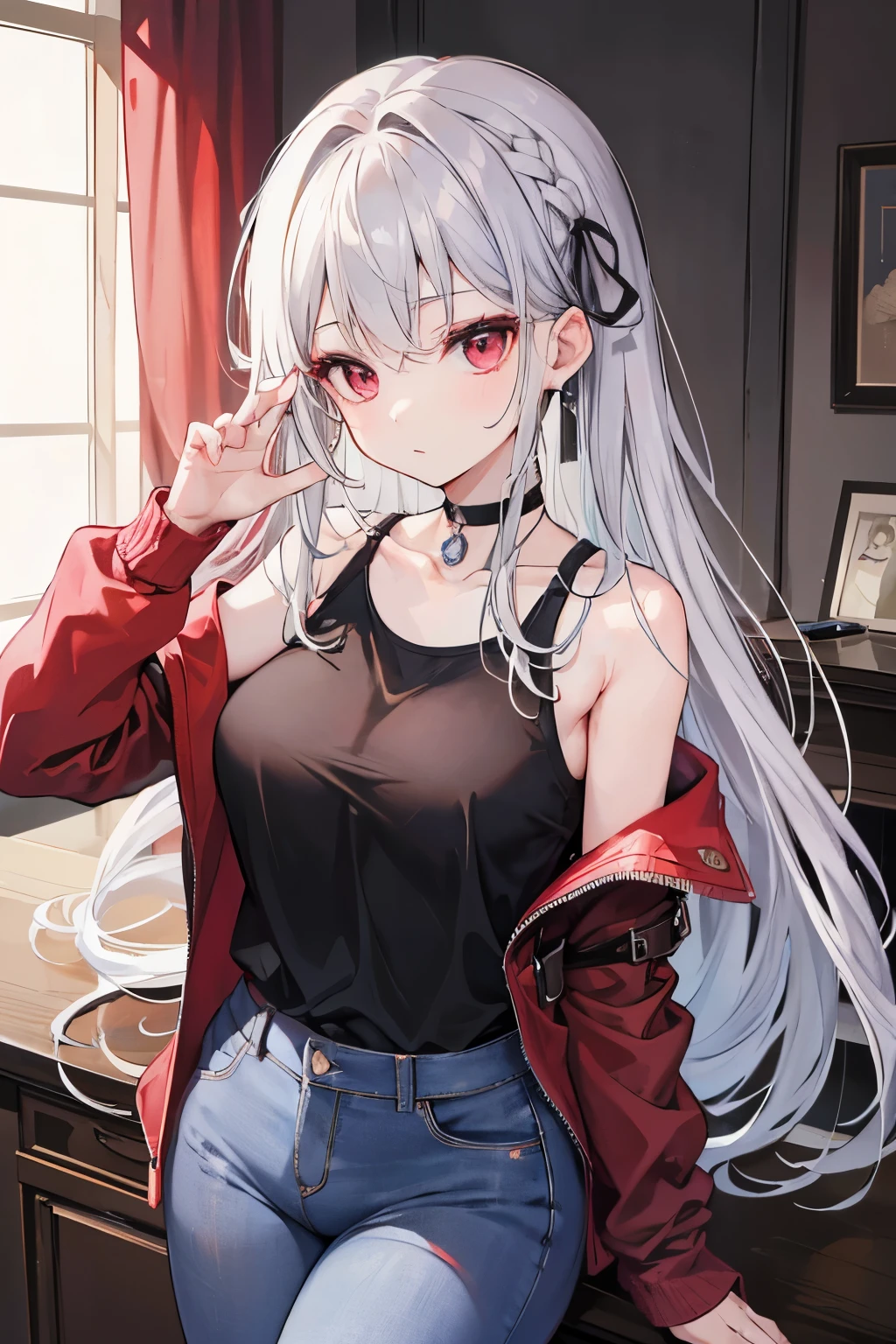 masterpiece, Highest quality, beautiful, high resolution, perfect anatomy, Beautiful gray hair、Beautiful red eyes、Longhaire、Tank tops、jeans shortpants、a choker、 black pantyhose, brown jacket, selfie style、selfee、piece、piece sign、 8K、a beauty girl、 Nice、 Beautiful hair、 Beautiful eyes、 Beautiful skin、Beautiful legs、Beautiful arms、Perfect fingers、 Very cute、 Very kawaii、