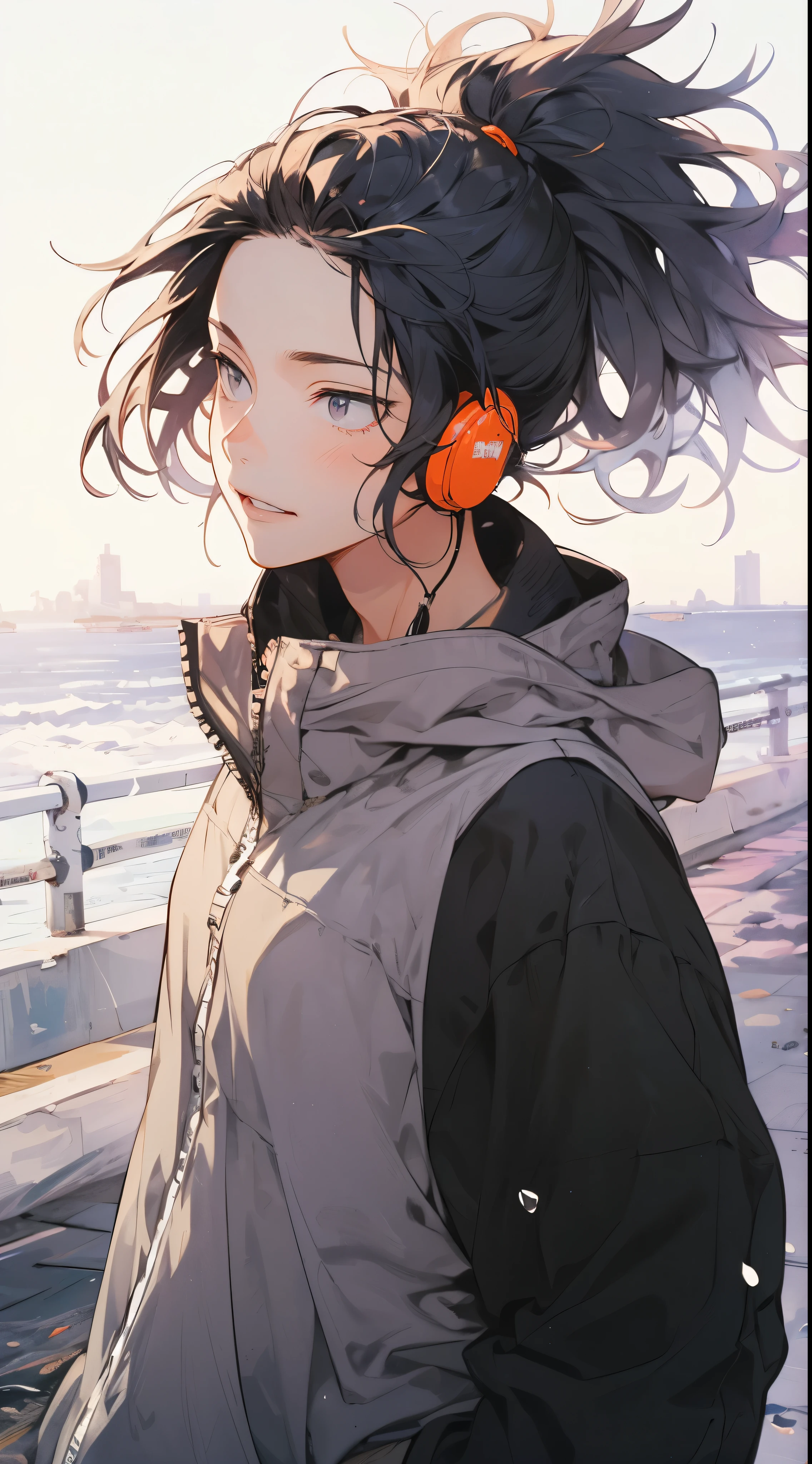 qulity, amount of drawing, pixiv illustration, As the sun rises、Scene depicting a handsome young man jogging along a coastal promenade. He wears sportswear, Listen to music with earphones while running. His expression shows concentration and determination., it's obvious in his eyes. Around him, Colorful flowers bloom, And the sound of ocean waves is heard. In the background, Calm sea and yachts in the distance. This scene is、It represents energy and vitality to start a new day.。, What we learned from the activities of young people