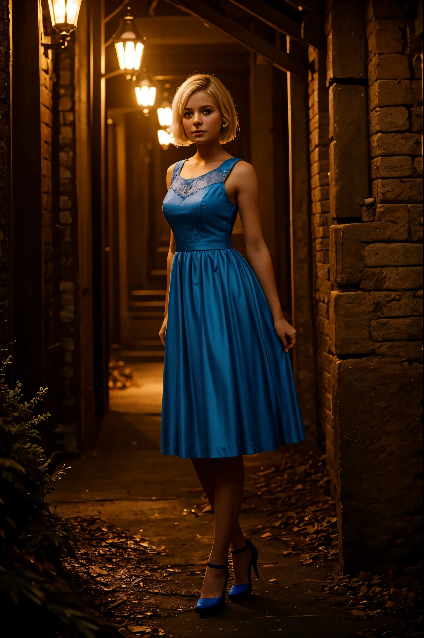 young girl, ,cinematic, alice in wonderland, blonde short hair , cold colors, mistic lights, low light, fantasy environment, clockwork , full body