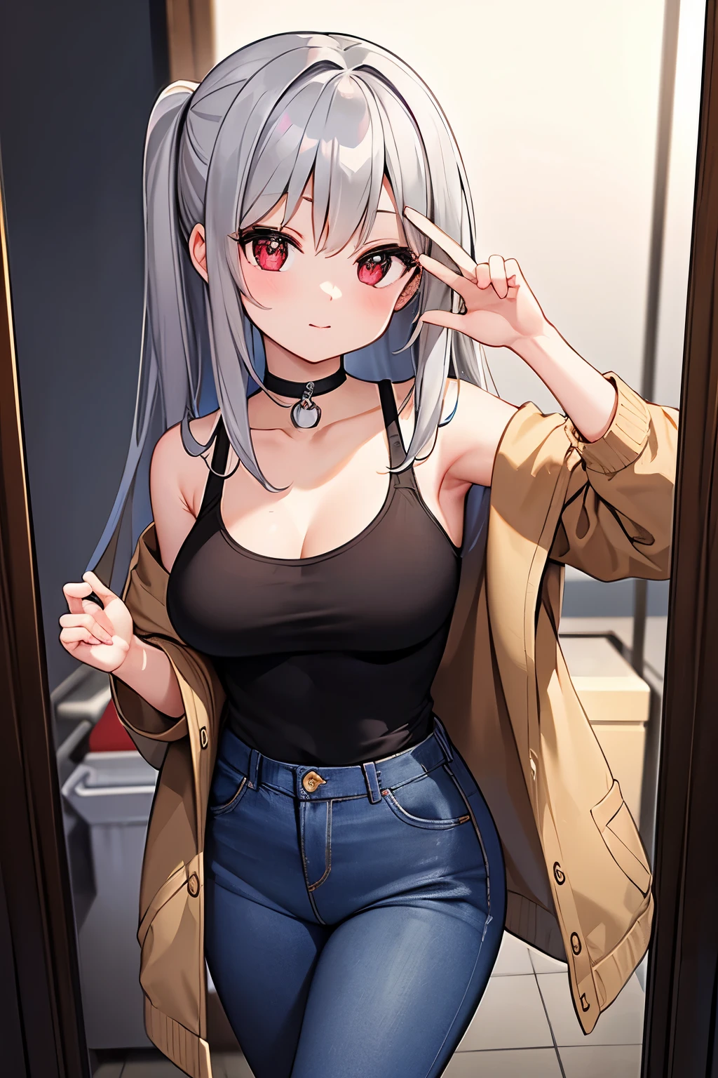 masterpiece, Highest quality, beautiful, high resolution, perfect anatomy, Beautiful gray hair、Beautiful red eyes、Longhaire、Tank tops、jeans shortpants、a choker、 black pantyhose, brown jacket, selfie style、selfee、piece、piece sign、 8K、a beauty girl、 Nice、 Beautiful hair、 Beautiful eyes、 Beautiful skin、Beautiful legs、Beautiful arms、Perfect fingers、 Very cute、 Very kawaii、