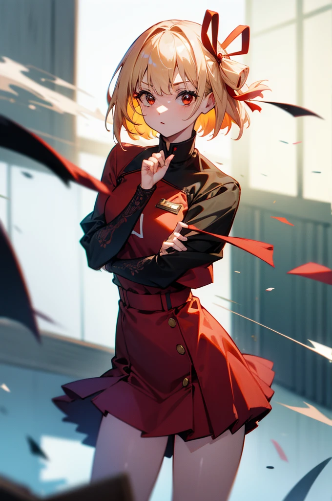 Chisatoniki, Senri, Short hair, Bangs, Blonde hair, (Red Eyes:1.5), hair ribbon, One side up, bob cuts,Red army suit white miniskirt，boots，guns,黒い拳gunsホルスター，gunsを構える，口を閉じる
BREAK outdoors, city,
BREAK looking at viewer, (Cowboy Shot:1.5),
BREAK (masutepiece:1.2), Best Quality, High resolution, Unity 8k壁纸, (Illustration:0.8), (Beautiful detailed eyes:1.6), extra detailed face, Perfect Lighting, extremely details CG, (Perfect hands, Perfect Anatomy),