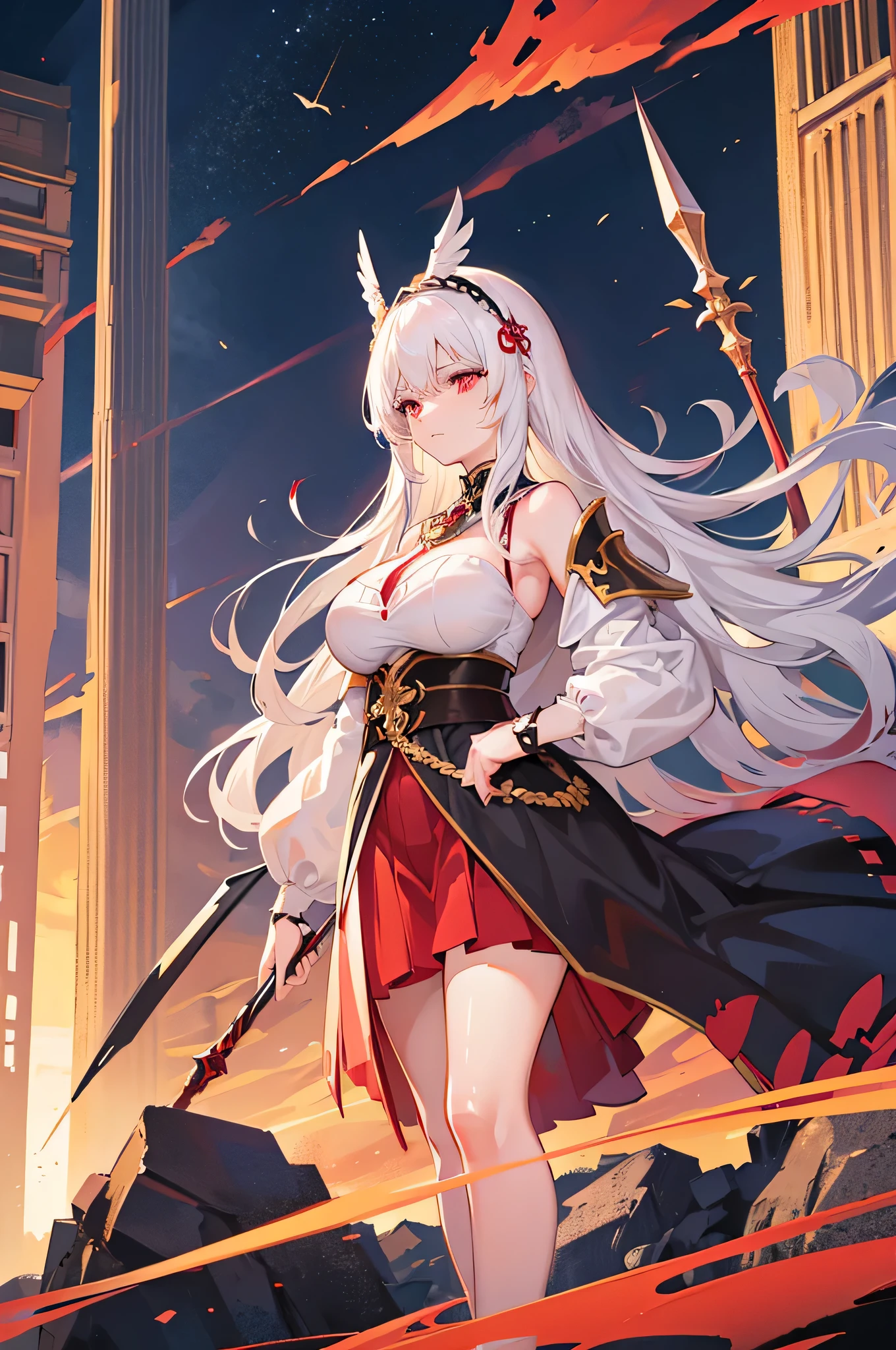 4K,hight resolution,One Woman,White hair,Shorthair,Red Eyes,Colossal tits,valkyrie,black holy armor,Winged headgear,jewel decorations,Gold decoration,spear,Temple in the Sky,Sunset sky