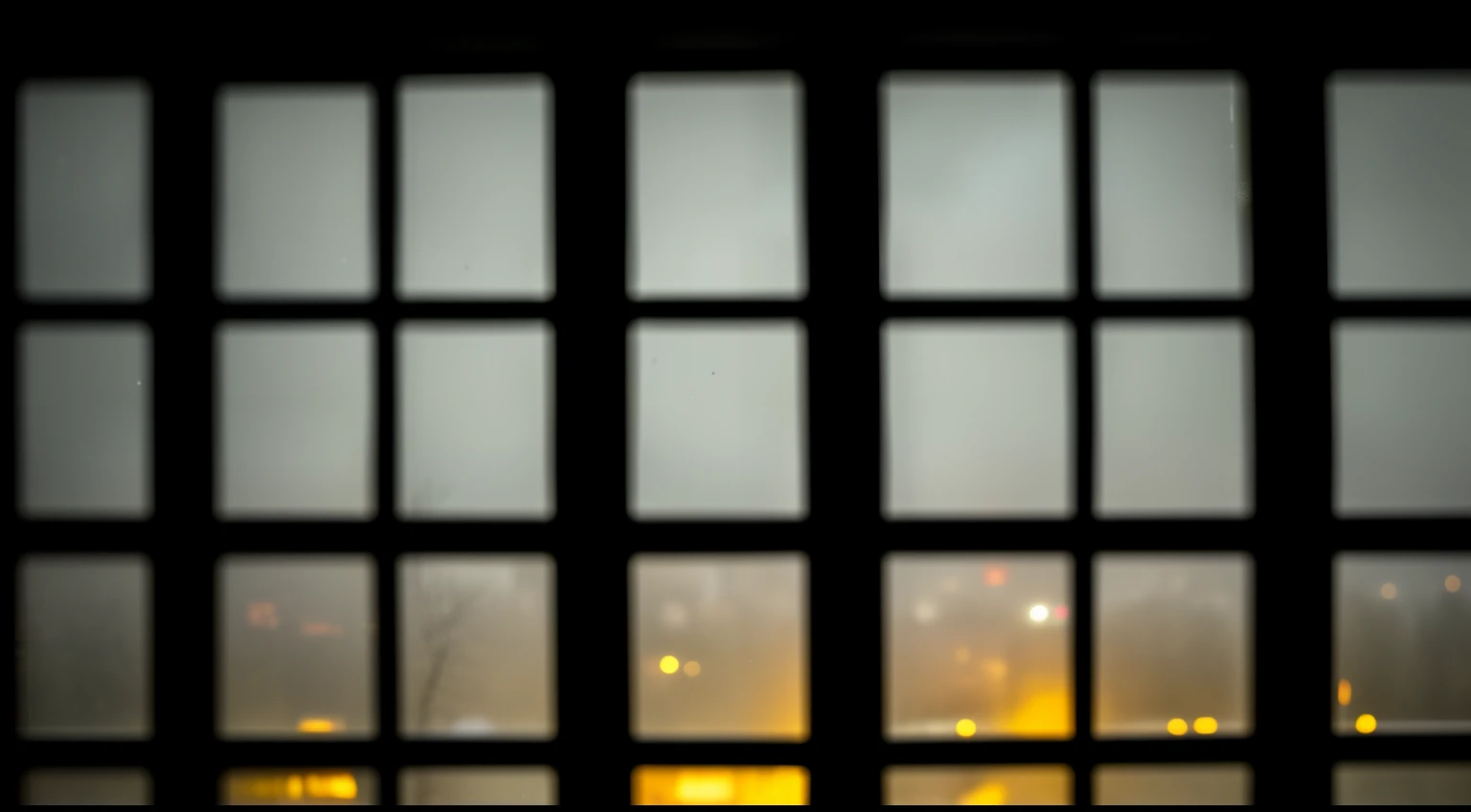 darkly, blurry, apartment window from the inside in the center in the dark, outside the window is another house in which one window glows yellow, depression, death, the night, dark ambient,