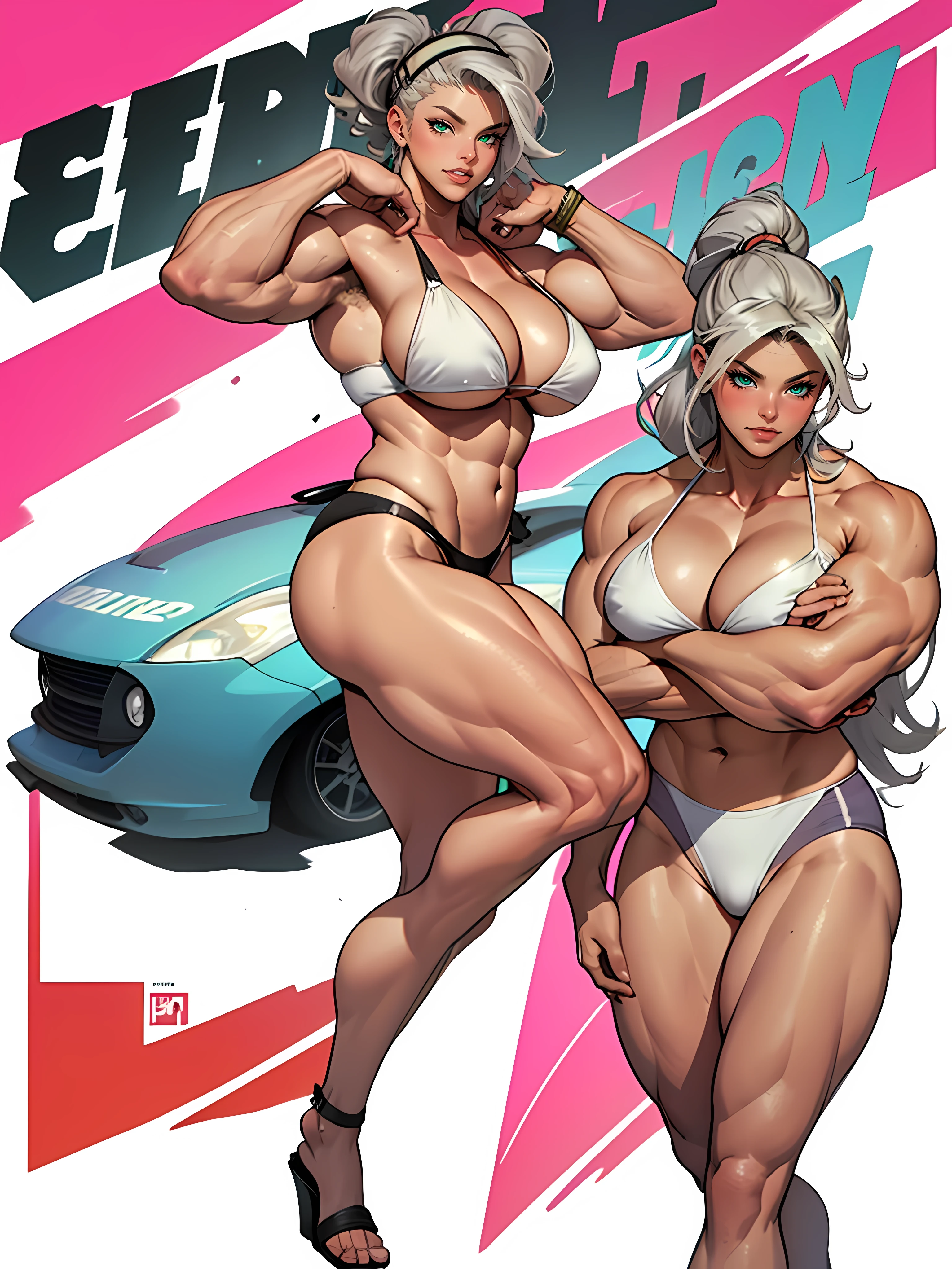(high quality, best rendering), (beautiful girl), Blue Eyes, gray hair, (bombshell, pin-up style), psychopath, crazy face, sexy pose, 2 piece outfit, pastel, centered, scale to fit dimensions, micro thong, micro bikini, camel toe, ((Female Bodybuilder)), ((((Muscular Legs)))), ((((Huge Muscles))))