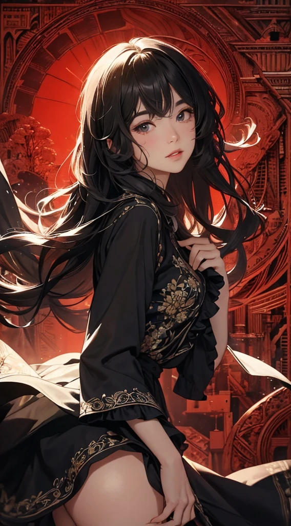 ((8k wallpaper of extremely detailed CG unit, masterpiece, hight resolution, top-quality, top-qualityのリアルテクスチャスキン)), ((white backgrounid, Zentangle, a Mandala, Tangles, Entanglement, psychedelic)), ((Very beautiful attractive woman, Plump lips, The upper part of the body, Hands in pockets:1.5, black ruffle hem shirt dress:1.2)), (messy black hair, de pele branca, Small), hyper realisitic, digitial painting, concept-art