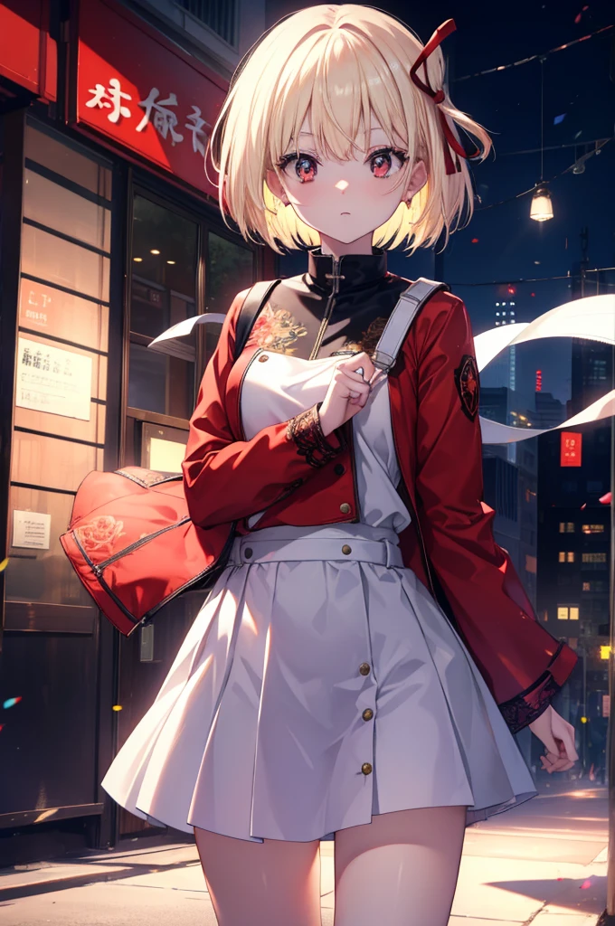 Chisatoniki, Senri, Short hair, Bangs, Blonde hair, (Red Eyes:1.5), hair ribbon, One side up, bob cuts,Red army suit white miniskirt，boots，guns,黒い拳gunsホルスター，gunsを構える，口を閉じる
BREAK outdoors, city,
BREAK looking at viewer, (Cowboy Shot:1.5),
BREAK (masutepiece:1.2), Best Quality, High resolution, Unity 8k壁纸, (Illustration:0.8), (Beautiful detailed eyes:1.6), extra detailed face, Perfect Lighting, extremely details CG, (Perfect hands, Perfect Anatomy),