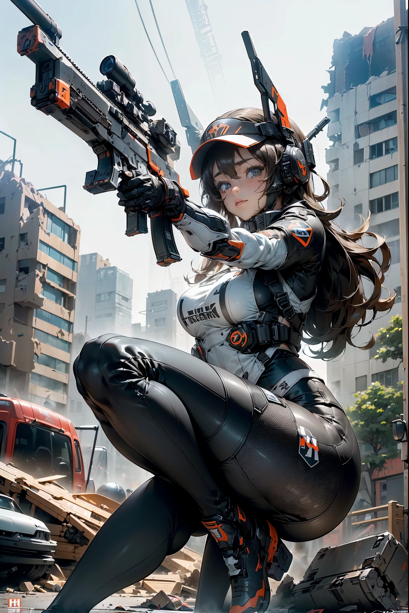 (masterpiece,extremely detailed, a heavy mech, hard surface),(concept art:1.3),(Armored Core Style:0.8),(Woman wearing robot armor of SWAT team),(((aiming at something with a rifle:1.4))),(((Looking into the sight of a rifle:1.4))),(((Black body:1.5))),(The armor has the SWAT logo on it.:1.4),(tactical open face helmet:1.3),(A detailed eye:1.3),(A detailed face:1.3),(Detailed weapons:1.3),(Detailed body:1.3),(full bodyesbian:1.5),(The background is a collapsed city:1.5),逼真