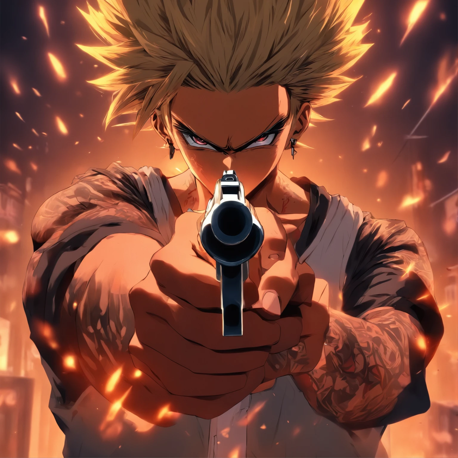 male gangster，holding a gun in her hand, convict，Arrogant，normal hairstyle，The background should be a solid color background，without background，k hd，8K