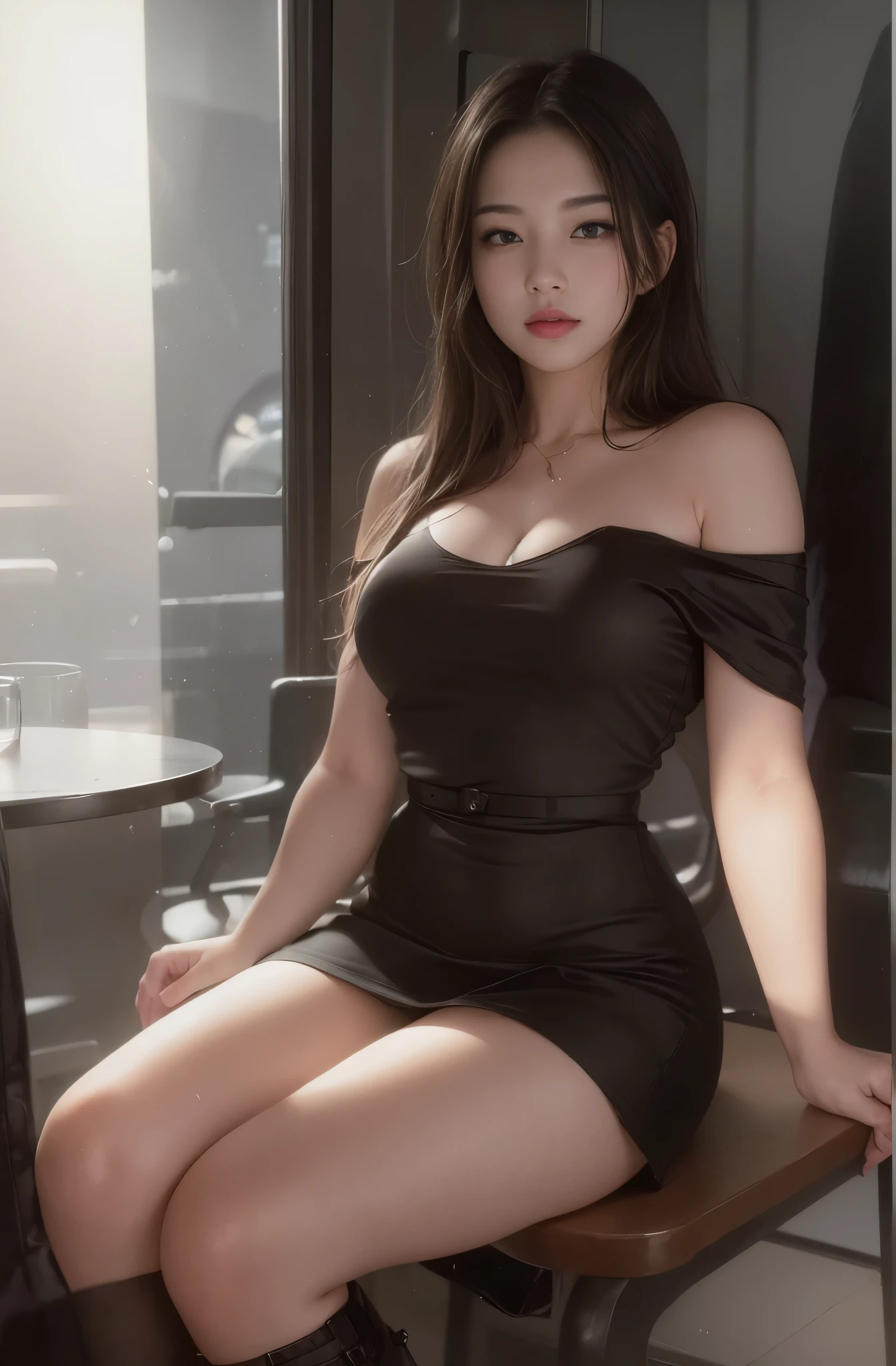 ((Realistic lighting、top-quality、8K、tmasterpiece:1.3))、Clear focus:1.2、1girl in、A Beautiful Woman with Perfect Figure:1.4、Highly detailed facial and skin texture、com rosto detalhado、Detailed lips、A detailed eye、二重まぶた、Brown hair、eyeline、eye shadows、Makeup、Tight clothes、(shirts、A miniskirt:1.1)、(huge-breasted:1.2)、nedium breasts、sit on chair、On the train、